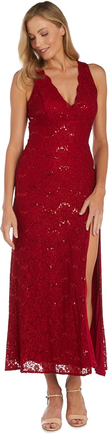 Nightway Women's Long Glitter Lace Dress W/Scalloped V-Neck & Side Slit