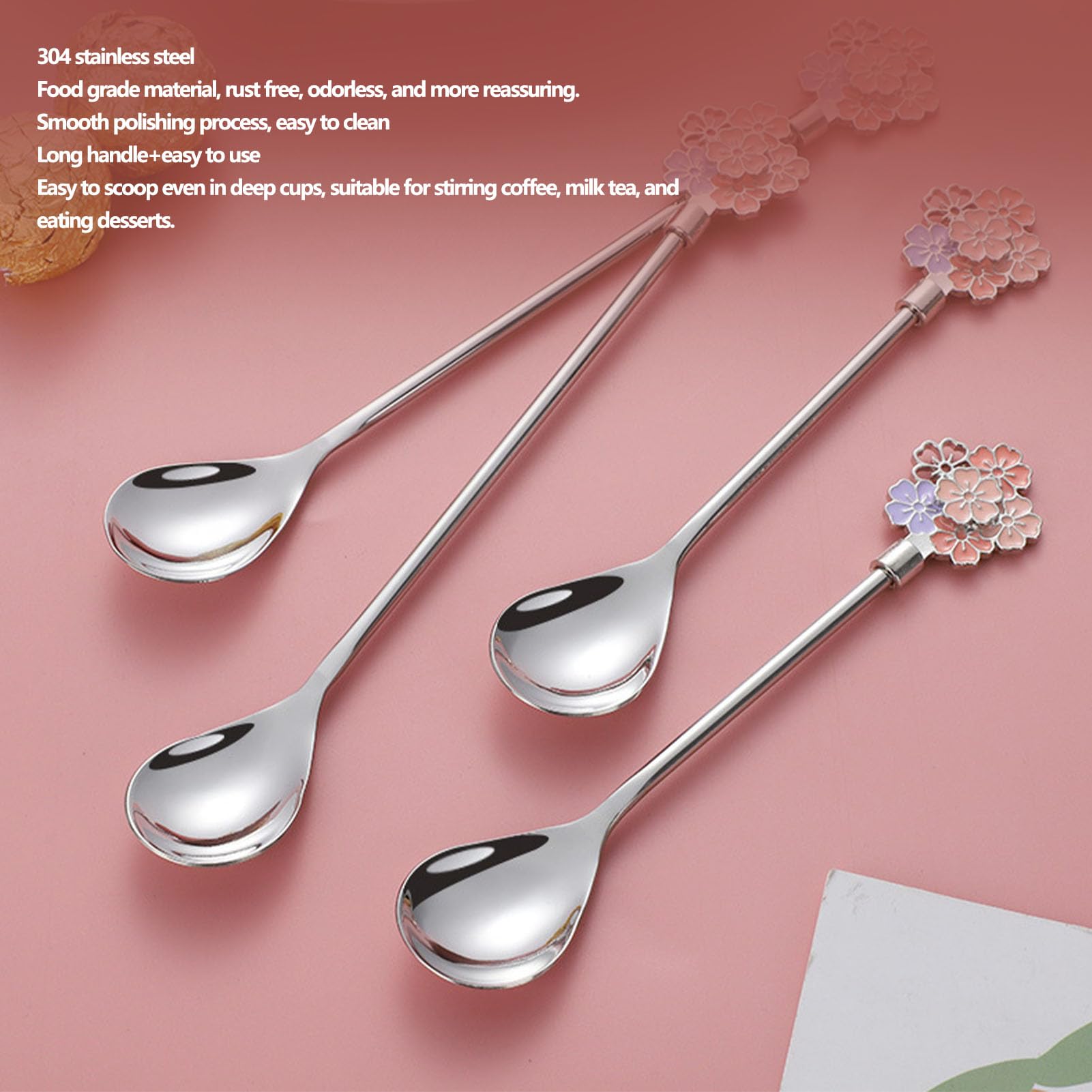 Cocoarm Cucchiaini da caffè Lunghi, Set da 5 Cucchiai da Dessert in Acciaio Inossidabile con Design Floreale Lucidato a Specchio, Manico Lungo da 7,76 Pollici per caffè, tè, Coppe Gelato, (SILVER)