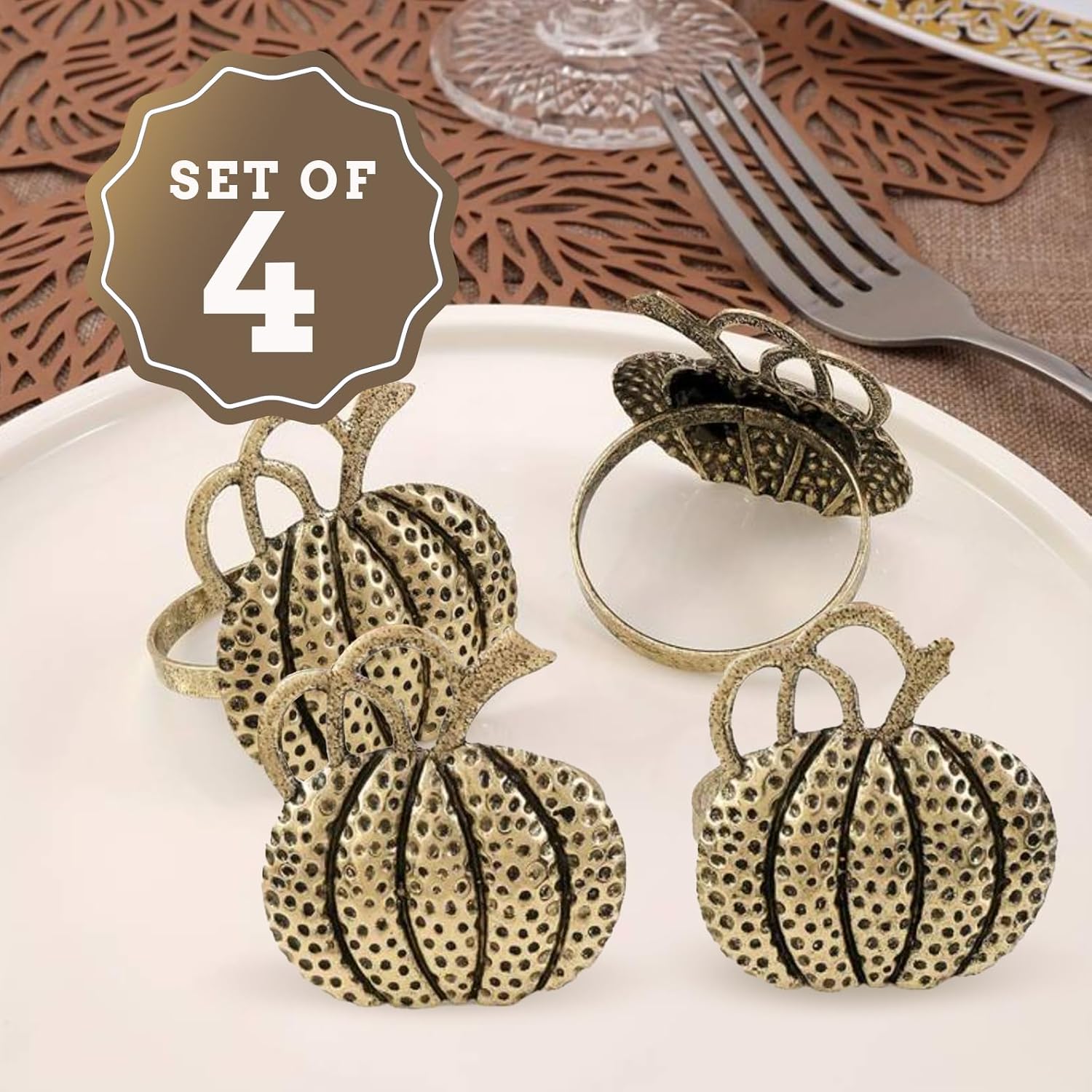 Jolitee Pumpkin Napkin Rings Set of Four - Elegant, Durable, and Versatile Napkin Holder for All Occasions - Perfect for Holidays, Weddings, and Family Gatherings