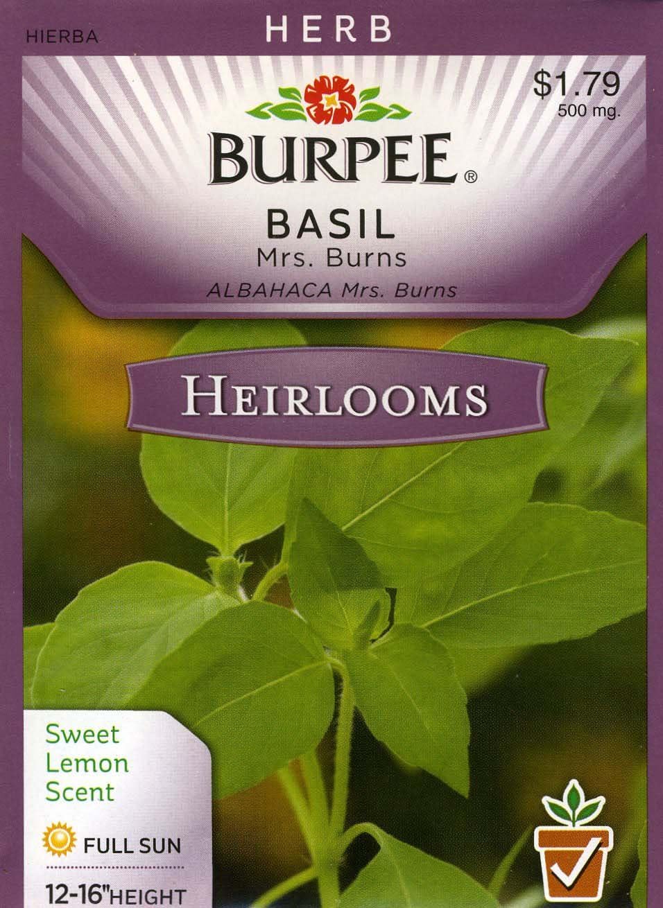 Burpee 54036 Heirloom Herb Basil, Mrs. Burns Seed Packet