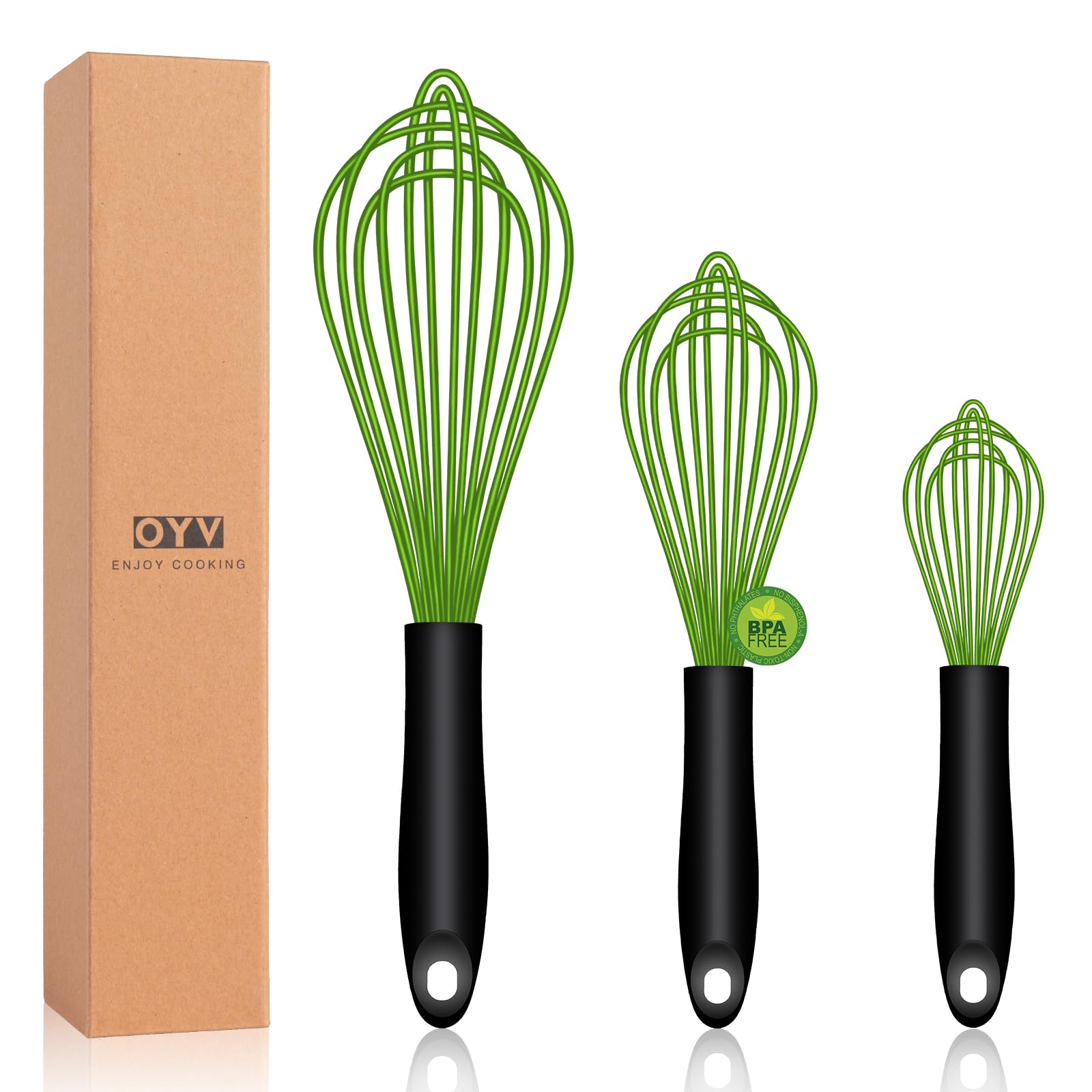 Dishwasher Safe Green Silicone Whisk, Sealed Waterproof Design Set of 3, Professional Kitchen Whisks for Cooking Non-Scratch, Silicone & Stainless Steel Whisk, Heat Resistant Balloon Egg Beater