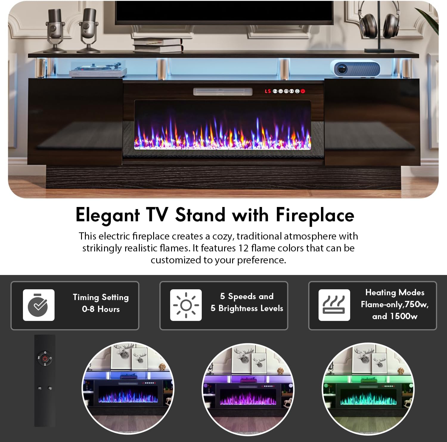 TAVATA 70" Fireplace TV Stand with 36" Fireplace for TVs up to 80", Modern Wooden Entertainment Center with LED Lights for Living Room Bedroom, High Gloss TV Console Cabinet with Open Shelf, Black