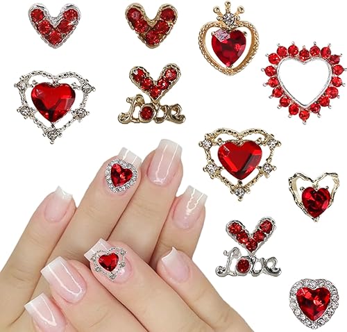 Miniatura 5 de 10 dijes de uñas para el día de San Valentín, diseño de corazón con purpurina, cristales de corazón rojo con purpurina, diamantes de imitación de