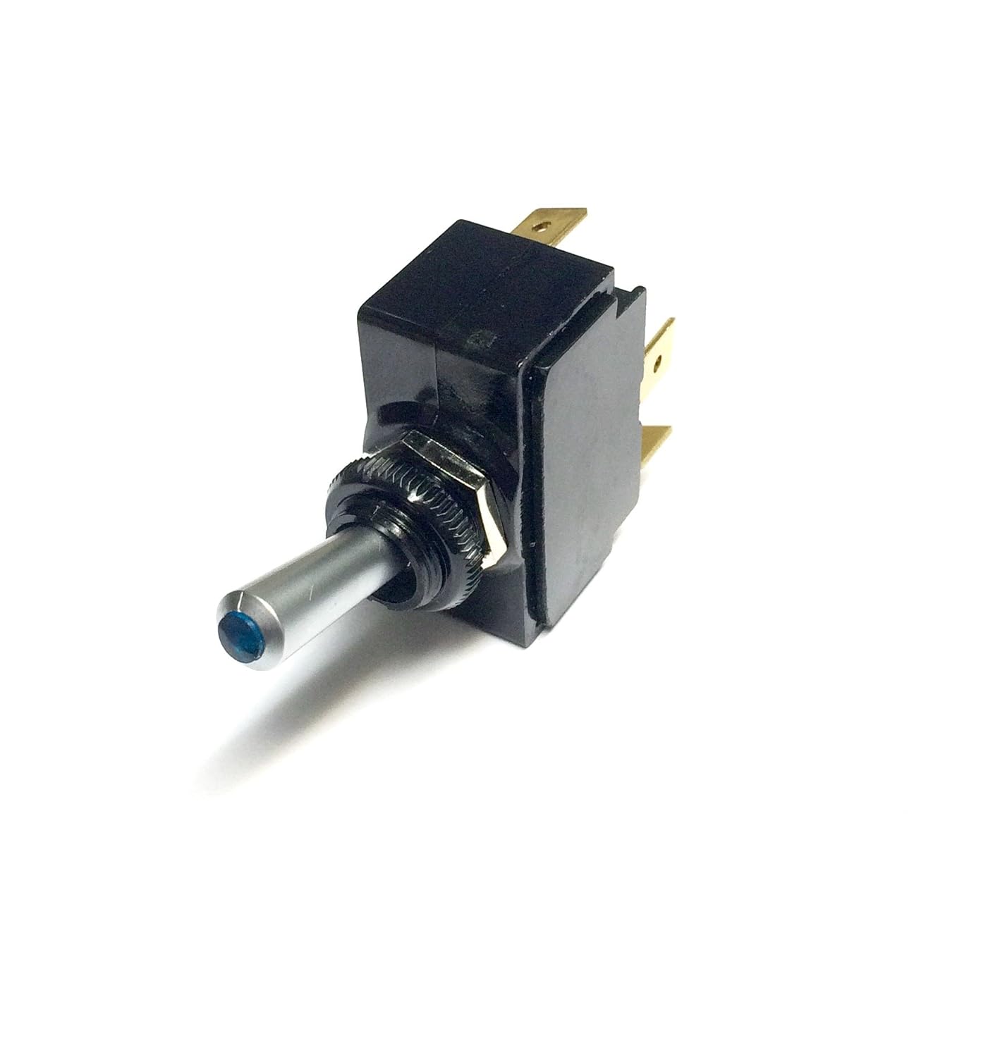 Toggle Switch (ON) Off, SPST, Lighted Momentary Switch with a Blue Lens