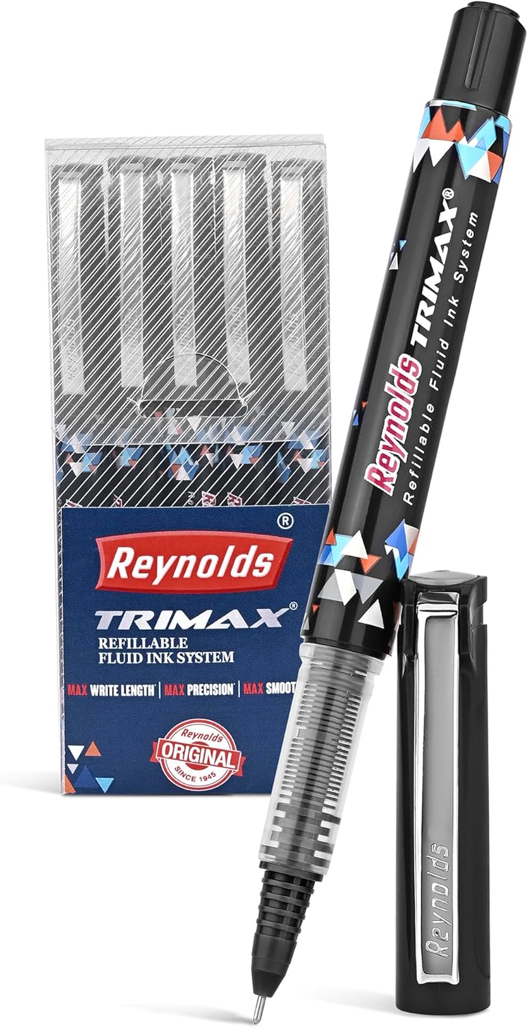 Reynolds TRIMAX BLACK - 5 COUNTI Lightweight Roller Pen With Comfortable Grip for Extra Smooth Writing I School and Office Stationery | 0.5mm Tip Size