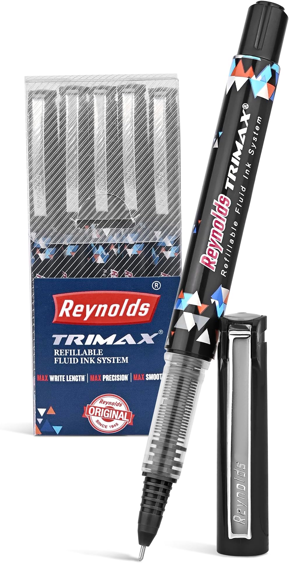 Reynolds TRIMAX BLACK - 5 COUNTI Lightweight Roller Pen With Comfortable Grip for Extra Smooth Writing I School and Office Stationery | 0.5mm Tip Size
