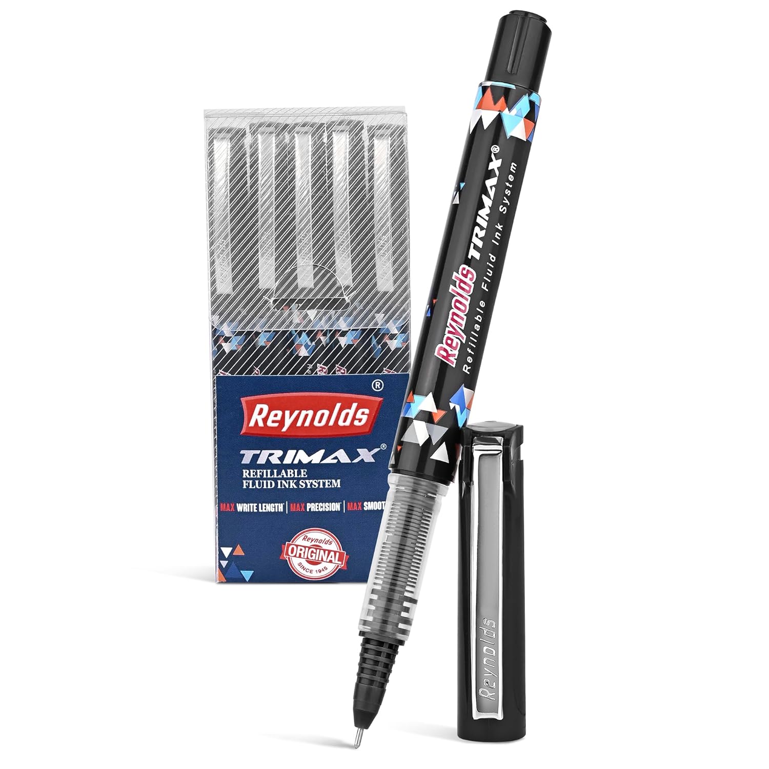 Reynolds TRIMAX RollerBall Pen SET – 5 PENS BLACK | ROLLER BALL PEN FOR WRITING | PEN FOR STUDENTS & OFFICE STATIONERY | 0.5 mm TIP SIZE