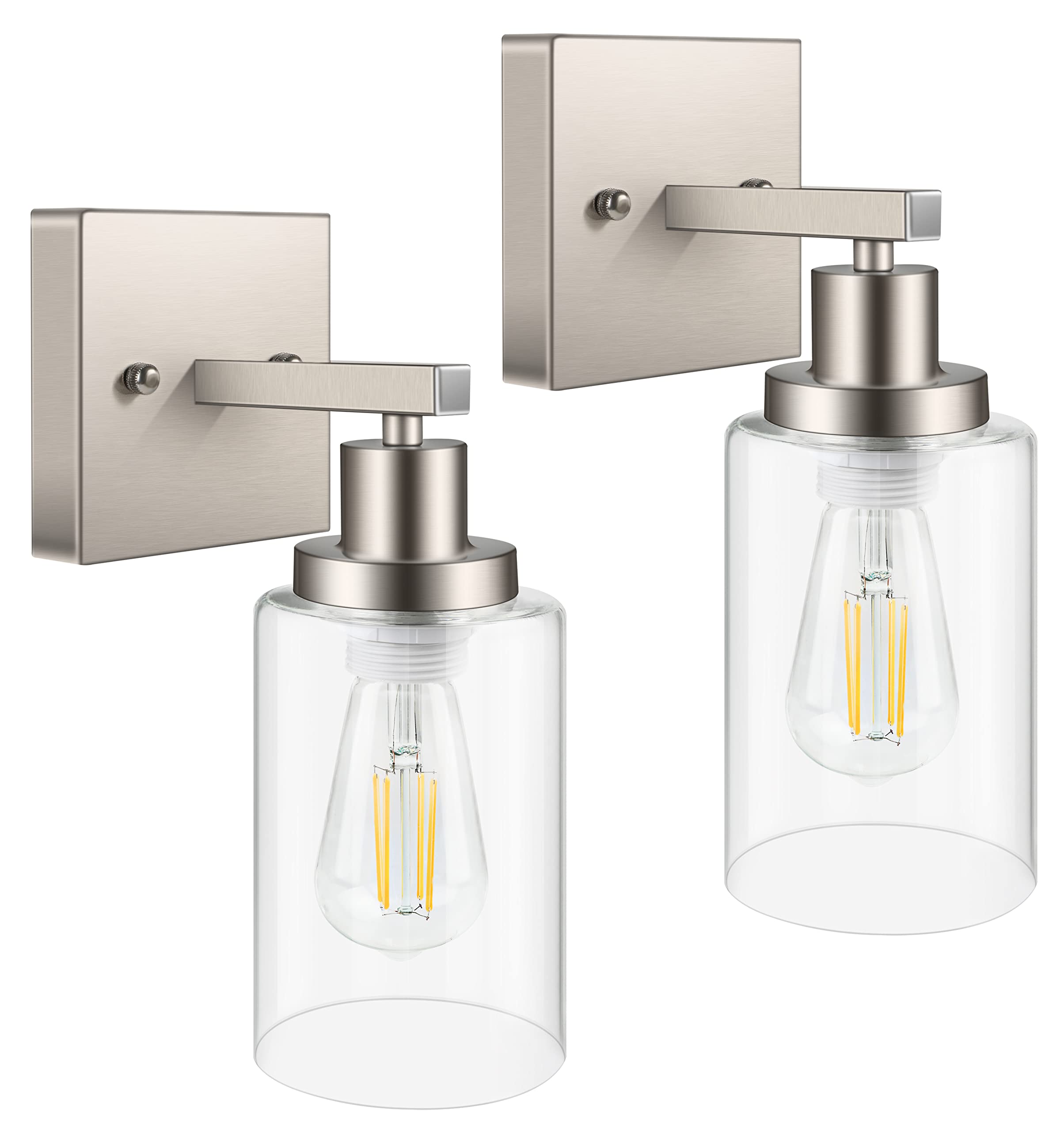 Ascher 1-Light Wall Sconces Set of Two, Vintage Vanity Light Wall lamp with Clear Glass Shade for Mirror Bedroom Hallway, Matt Nickel, E26 Base (Bulbs Not Included)