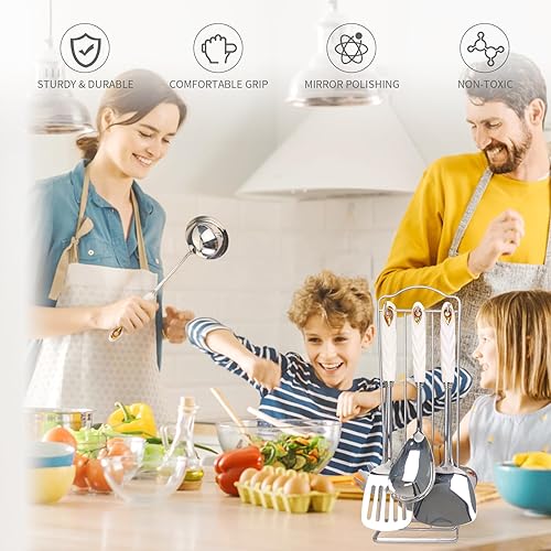 Miniatura 3 de Juego de utensilios de cocina de acero inoxidable 304 pulido espejo con soporte, 7 espátulas de metal de alta calidad, cucharón de sopa, afinador