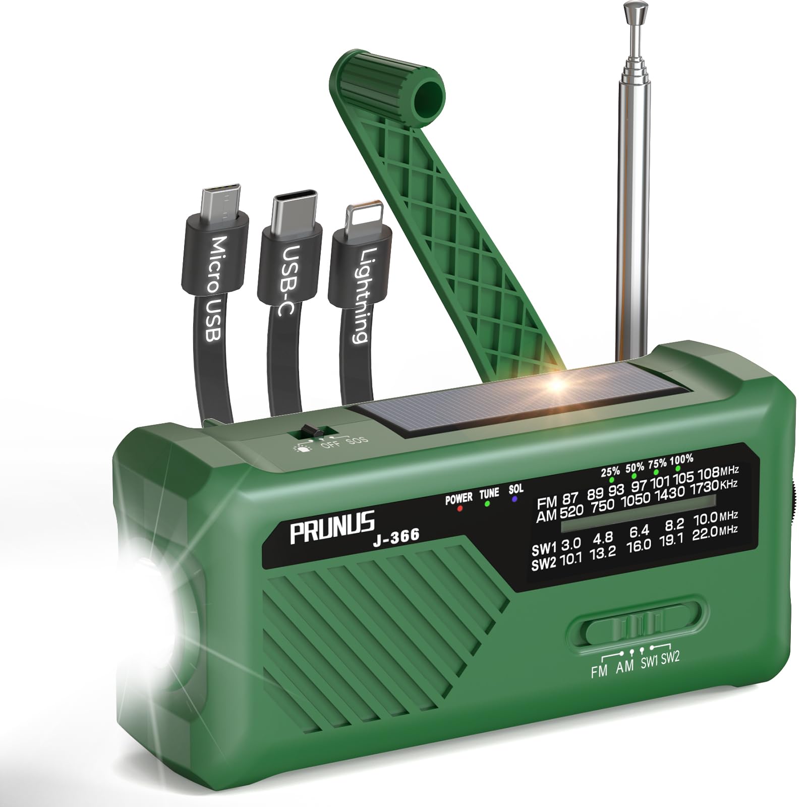 PRUNUS J-366 FM/Am/SW Radio Emergencia Solar Dinamo, Transistor Radio a Pilas AAA, Radios Portatil Pequeña Recargable con Banco Energía de 2000 mAh, Cable de Carga 3 en1, Linterna, Alarma SOS (Verde)