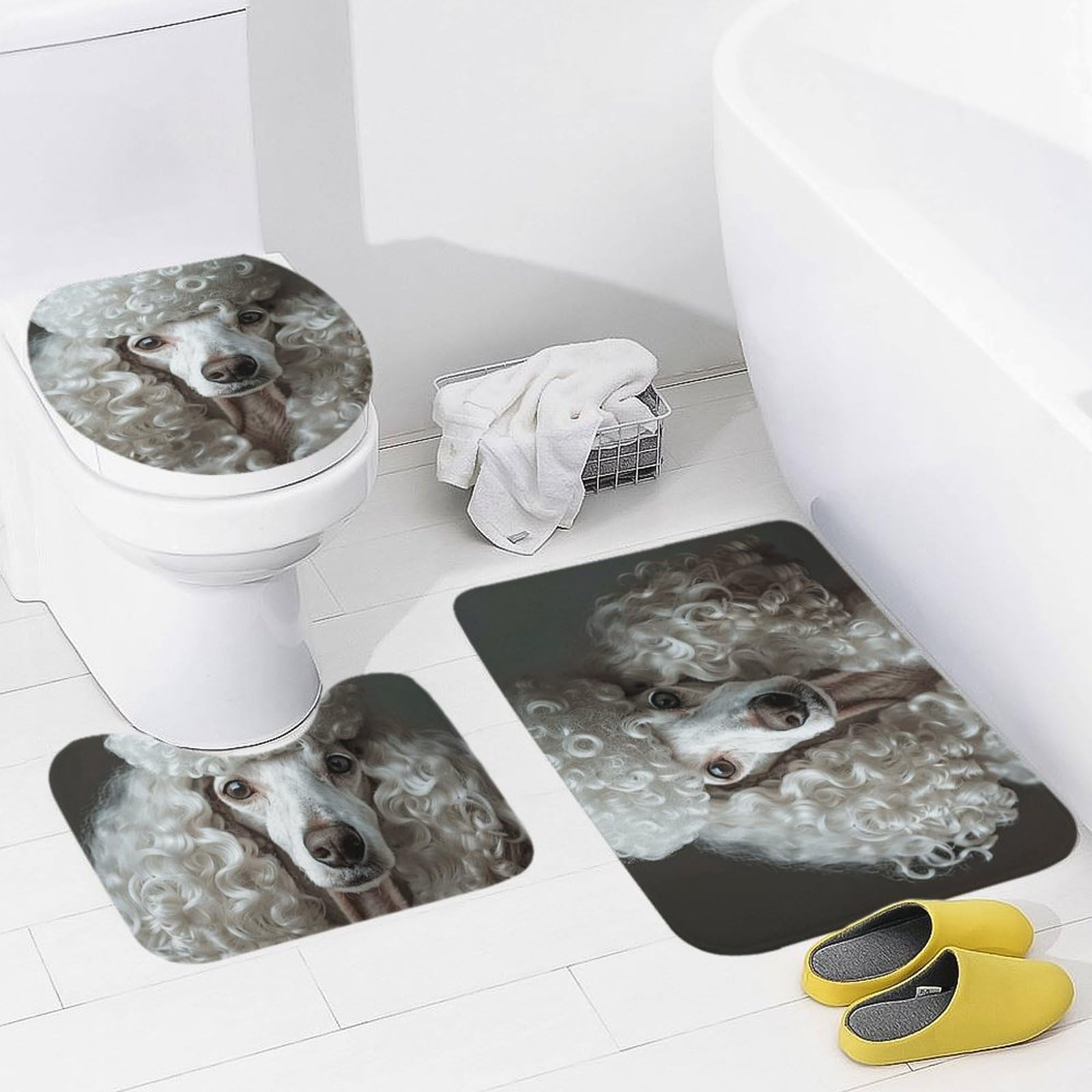 Bathroom Rugs Sets 3 Piece Absorbent Bath Mat Curly Haired Dog Bath Mats for Bathroom Shaggy Bath Mats Washable Bath Carpet Non-Slip Bathroom Rug Mats for Shower Tub Home Decor