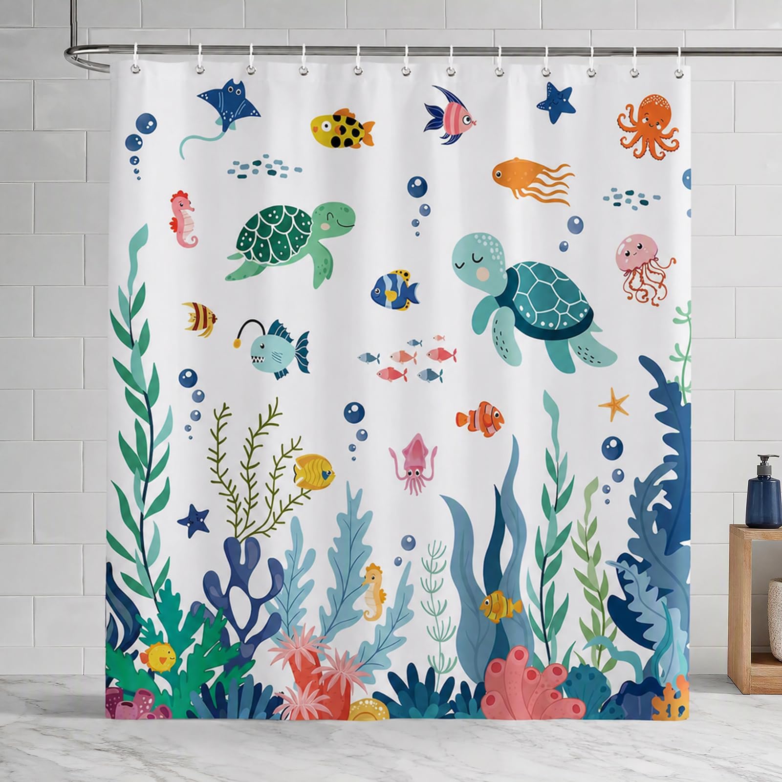 TW1TGOFT Shower Curtain 180 x 200 cm - Sea Turtle Fish Ocean Animal Shower Curtains for Bathroom with 12 Hooks, Mould Proof Resistant Waterproof Polyester Fabric Bathtub Curtain, Washable