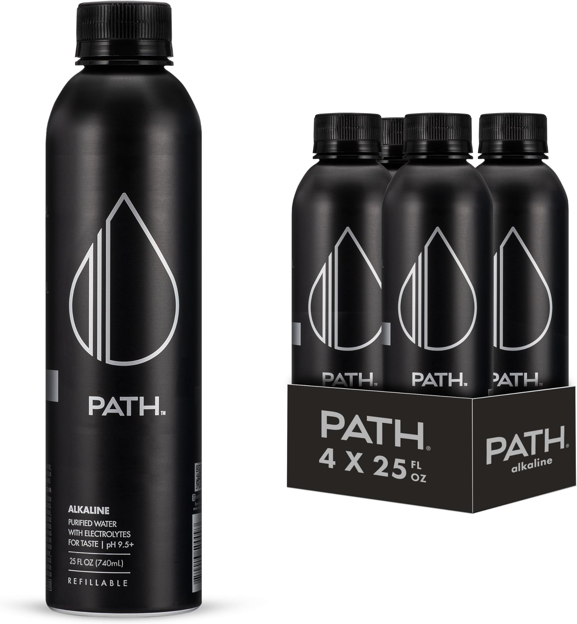 Path Alkaline Bottled Water - 9.5 pH-Balanced Purified Water with Electrolytes in Aluminum Bottle - BPA-Free, Reusable, Infinitely Recyclable - Pure, Crisp, Refreshing Taste 25 fl oz (Pack of 4)