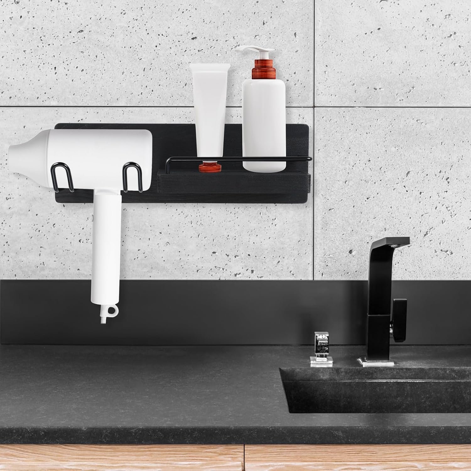 Wall Mounted Hair Dryer Holder Shelf for Bathroom Black Wood