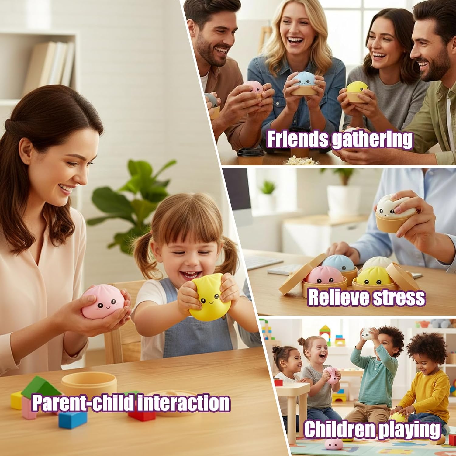 Big Dumpling Toy Squishy 4 Pack with Food Steamer, Cute Big Squishy Dumpling Stress Ball Fidget Sensory Toy, Easter Basket Stuffers Stocking Stuffers, Soft TPR Desk Toys for Kids Adults Stress Relief