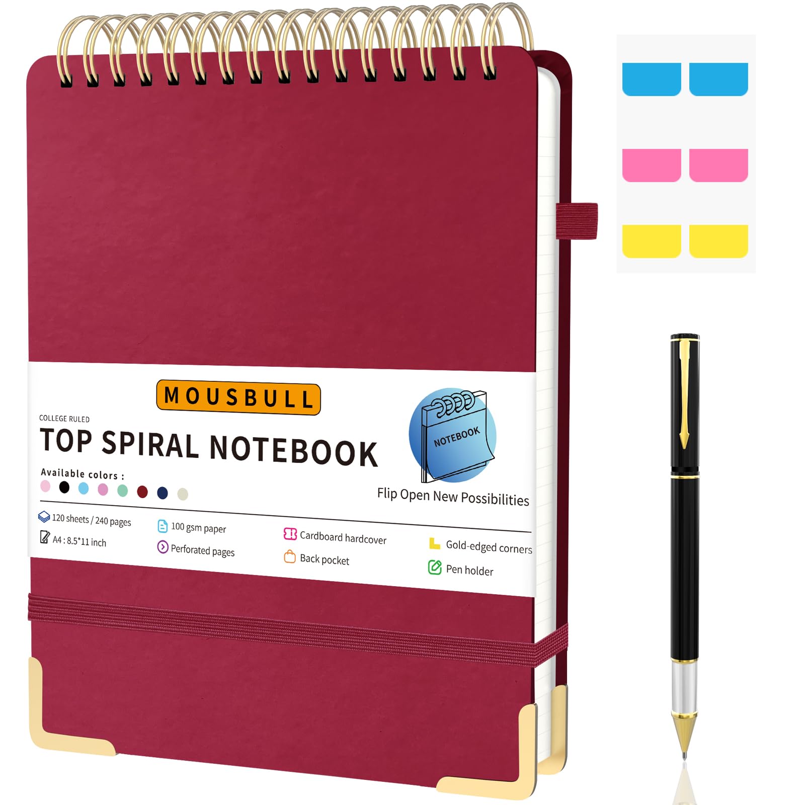 Mousbull Top Spiral Notebook, A4 Hardcover Top Bound Steno Pads, 240 Pages 100gsm College Ruled Left Handed Notebook Journal for Work, School, Meeting Writing - Red, 8.5" x 11" — image 1