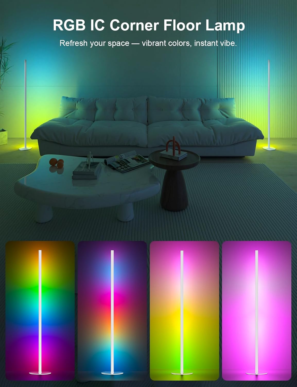White Corner Floor Lamp 1 Pair, LED Corner Lamp with Remote Control, APP Control 16 Million Colors, Timing, Color Changing Ambient Lighting for Living Room, Bedroom, Gaming (Only One Adaptor)