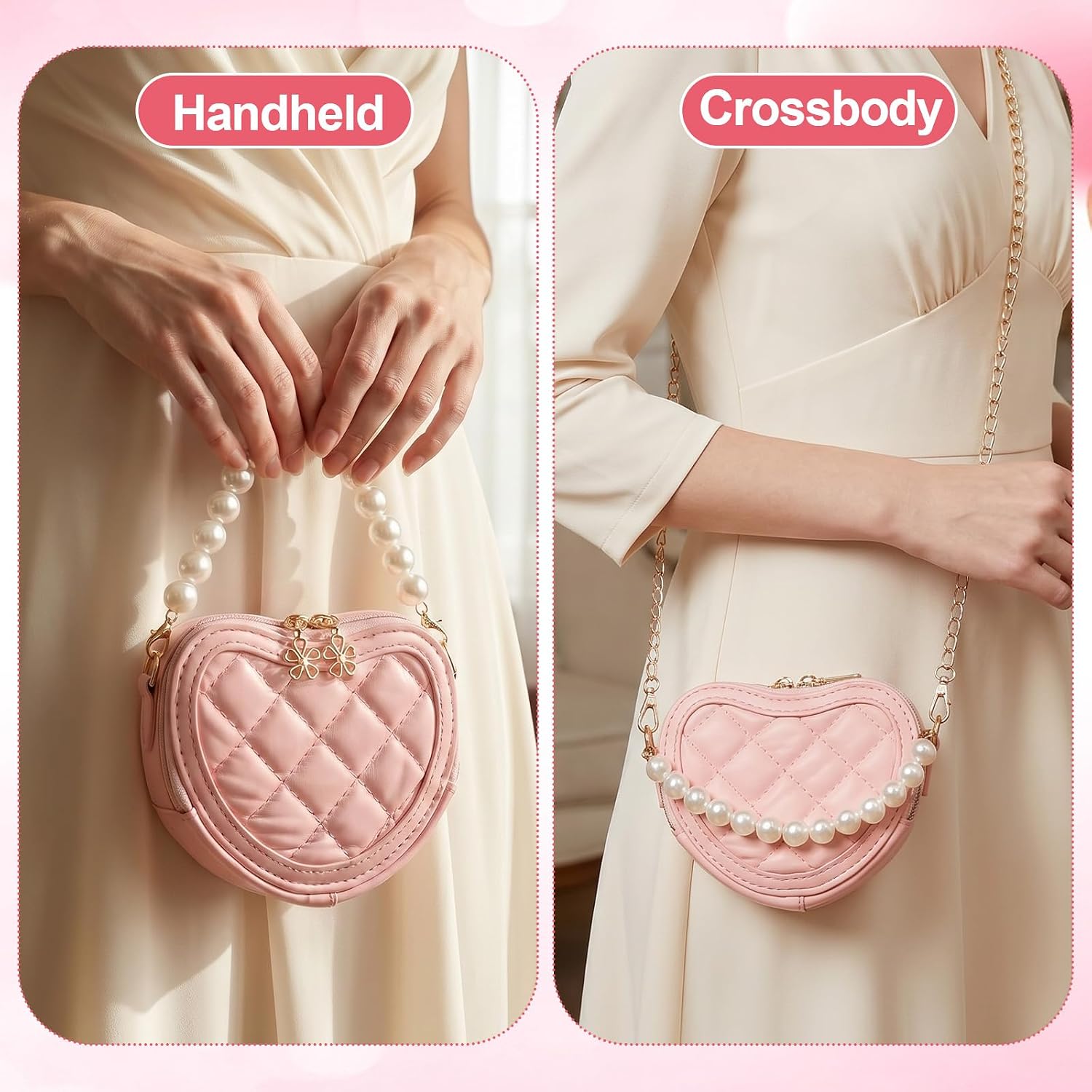 4 Pack Little Girl Purses, Children Crossbody Bag Heart Shaped Mini Cute Kid Purse with Pearl Handle and Chain Strap, Princess Handbag Wallet Gift for Kids, Easter Birthday