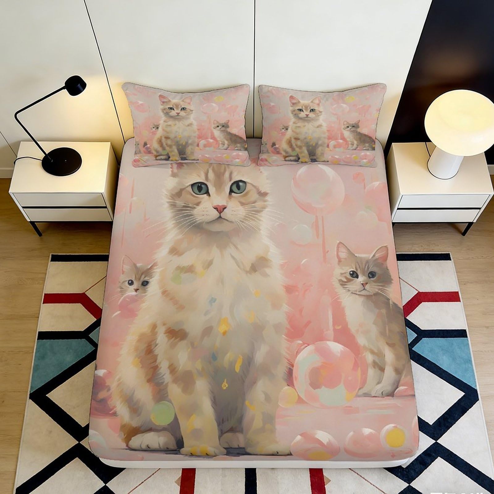 Jqzkxnhpbr Style-4 3D Printed Pink Cat Fitted Sheet Microfiber Soft Breathable Cartoon Kitten Mattress Cover For Bedroom Guest Room Home Decor 90X200x25cm