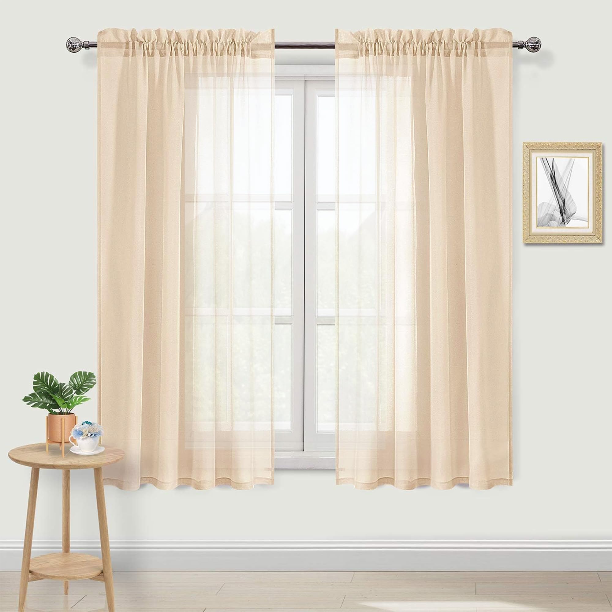 DWCN Beige Sheer Curtains 63 Inch Long for Living Room Rod Pocket 2 Panels — image 1