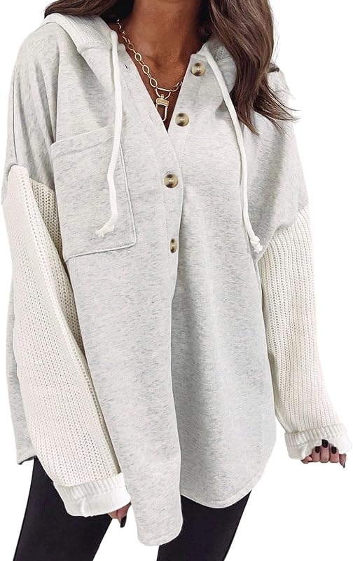 SHEWIN Women Oversized Hooded Sweatshirt Button Hoodies, Grey, Size M