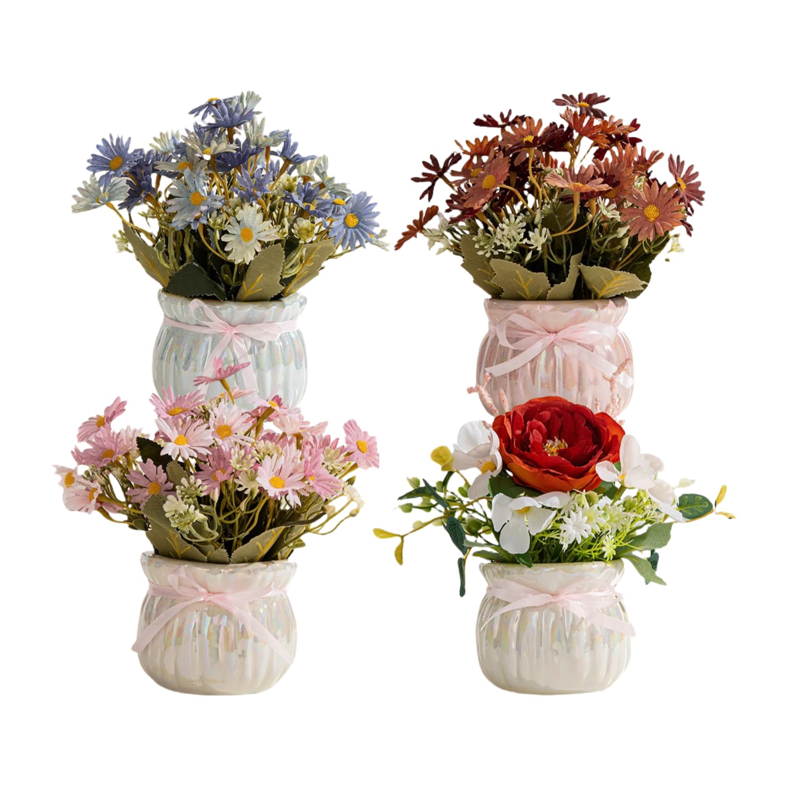 Plantes artificielles d'intérieur : lot de 4 fleurs roses en pot pour déco maison et bureau