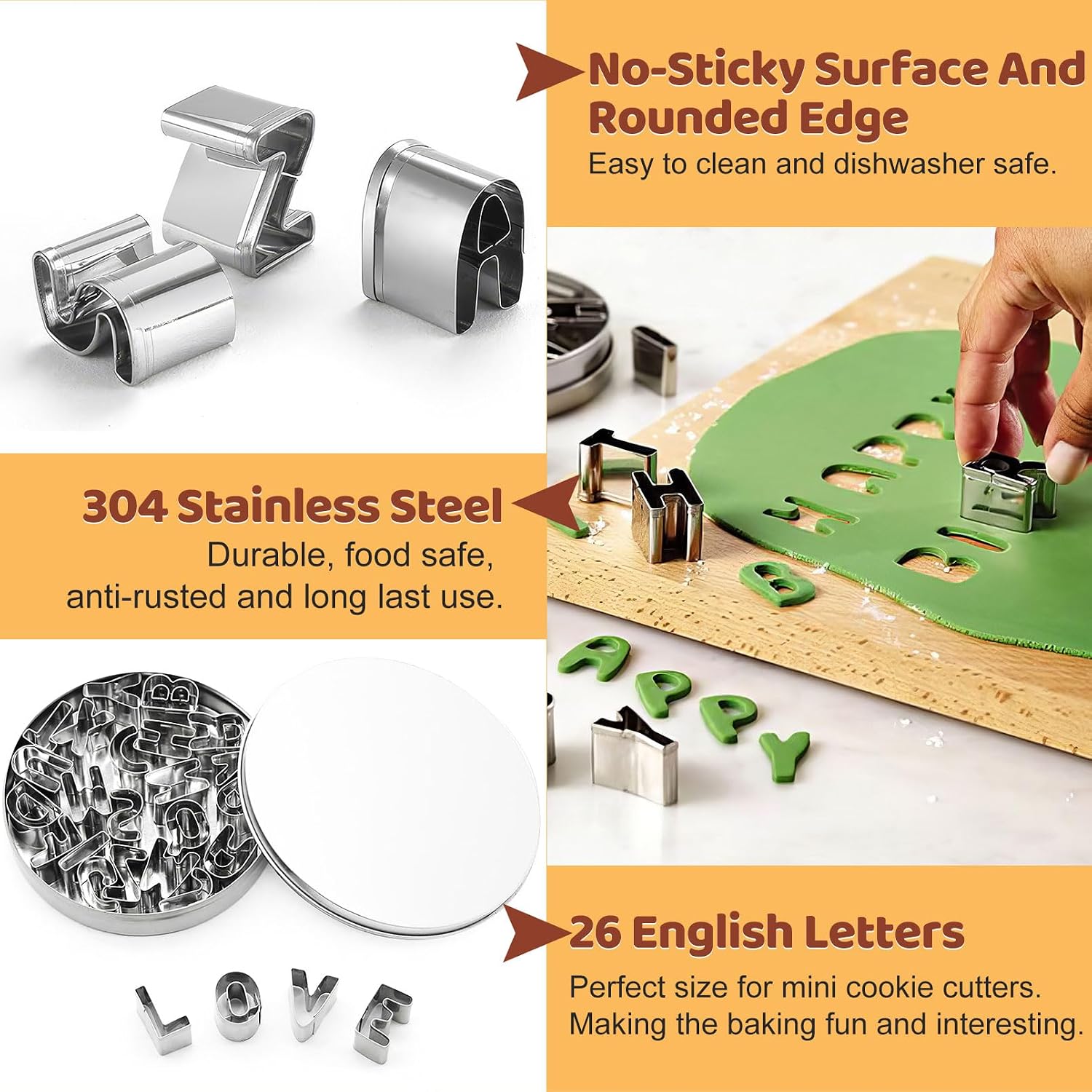ofone Small Alphabet Cookie Cutters(A - Z), 26 Pcs Stainless Steel Fondant Letter Cutters Set, Mini Metal Biscuit Cutter Shapes for Baking Cakes Pastry Polymer Clay Fruits