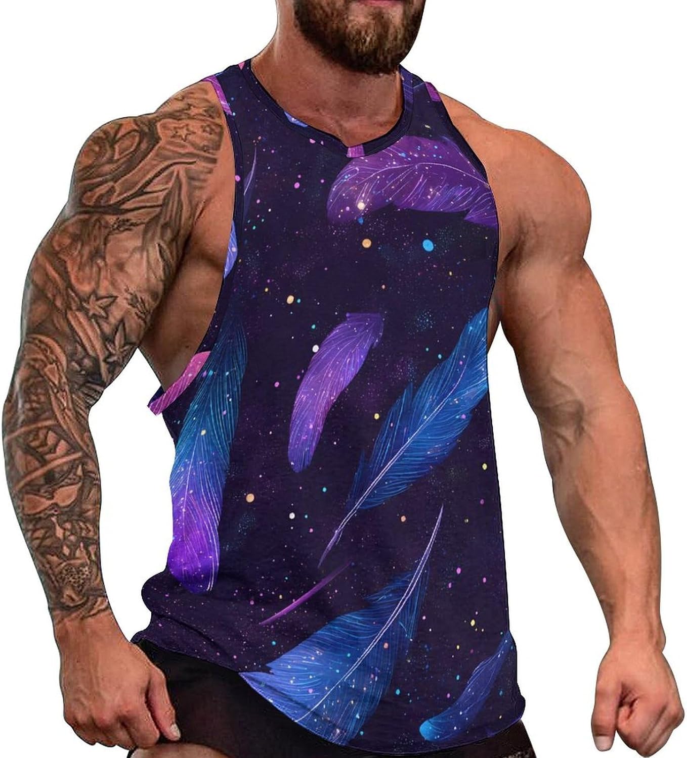 Colorful Star Feather Men Tank Top Workout Shirt Muscle T Shirt 5XL