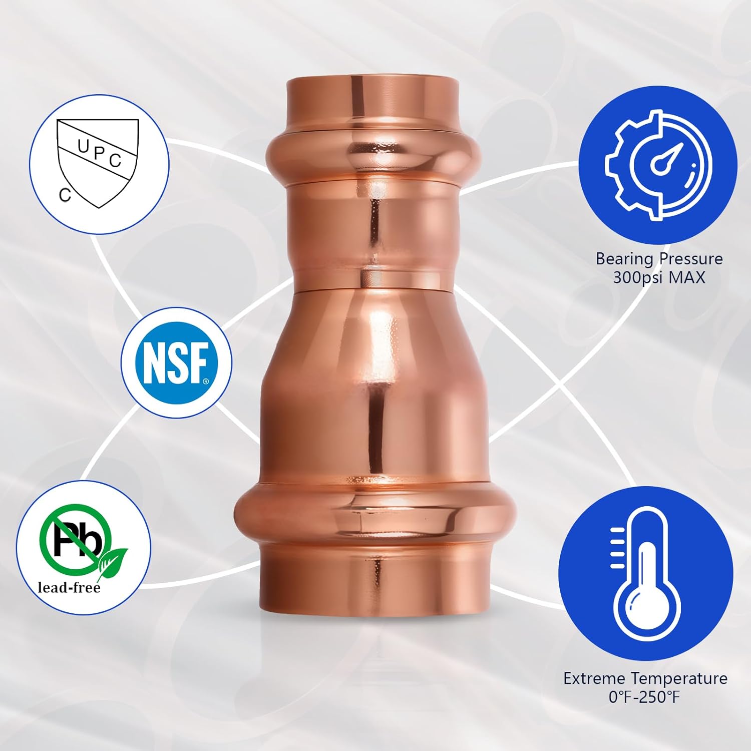 Copper Press Fittings 3/4" x 1/2" Copper Press Coupling Reducer, No-Lead Plumbing Pipe Connector | Water Supply & Hydronic Heating Systems | Durable Press Fit Design,10-Pack