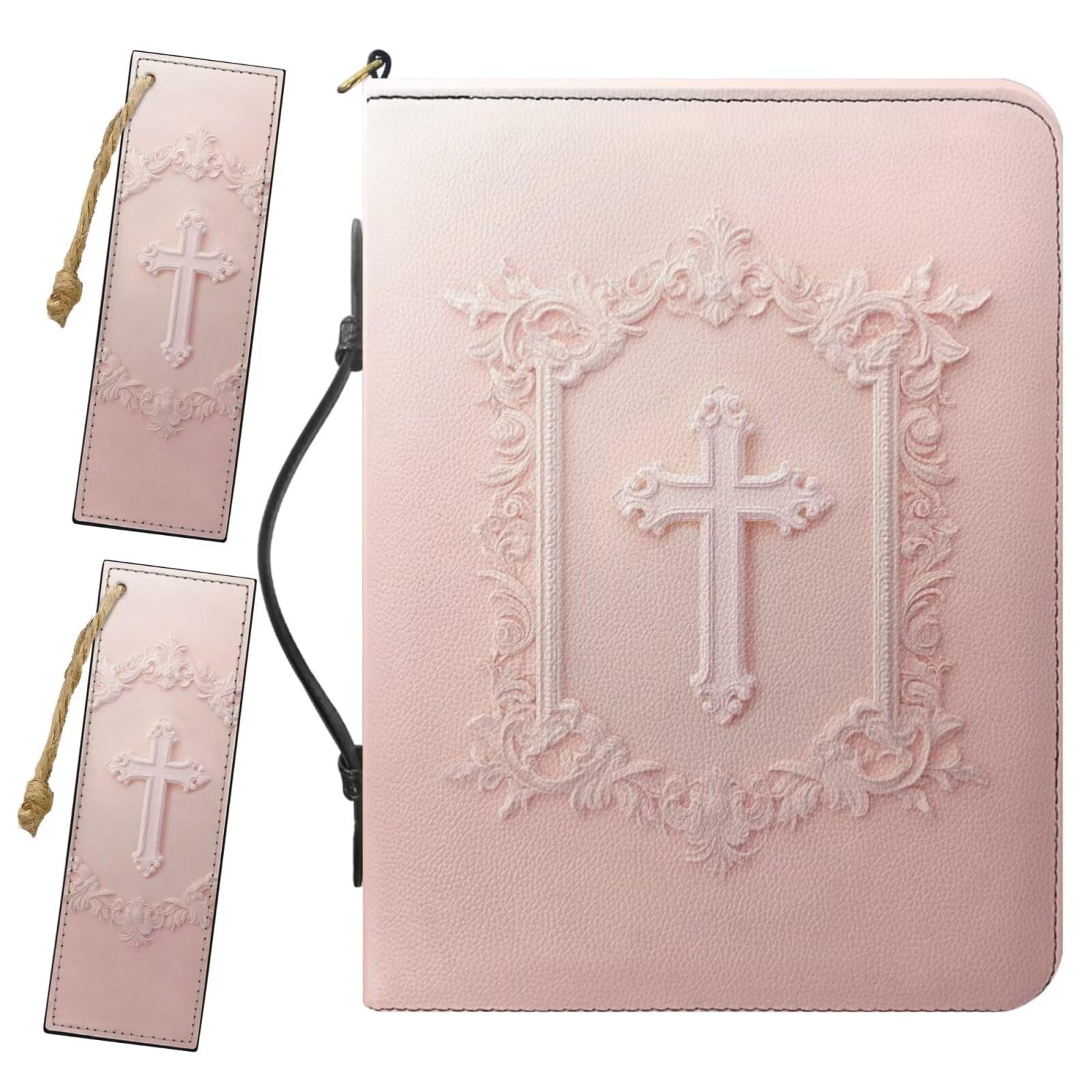 Drnuikhe Extra Large Bible Cover for Women, PU Leather Bible Case with Handle and 2 Bookmarks, Faux Embossed Crucifix Print Bible Organizer with Inner Pockets and Pen Loop, Church Bags for Women