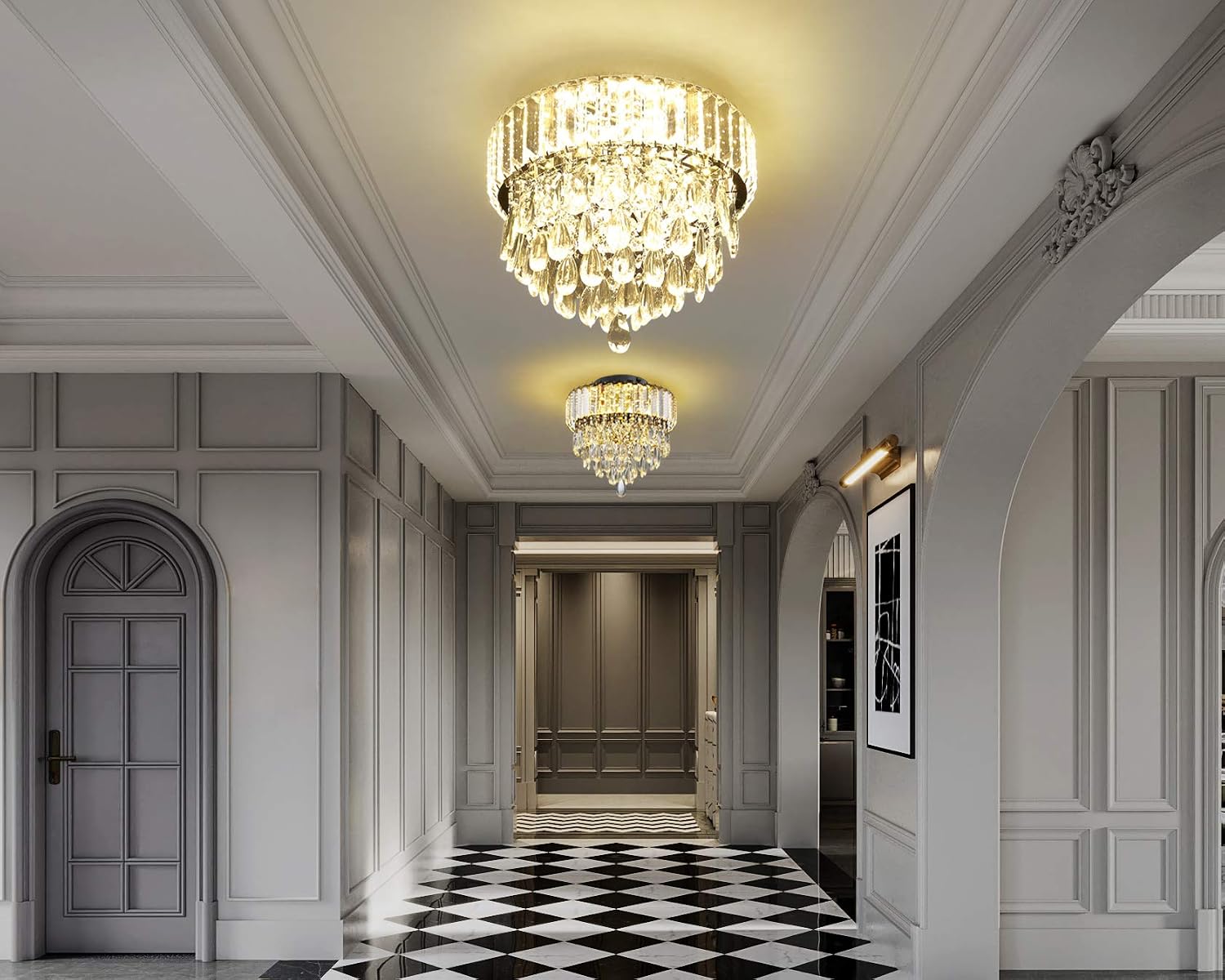 Black Friday - 70% OFF Modern Crystal Ceiling Light LED Flush Mount Ceiling Light Fixture, D11.8 5 Tiers 3 Way Dimmable Crystal Raindrop Chandelier for Bedroom Dining Room Living Room Kitchen Island Entryway