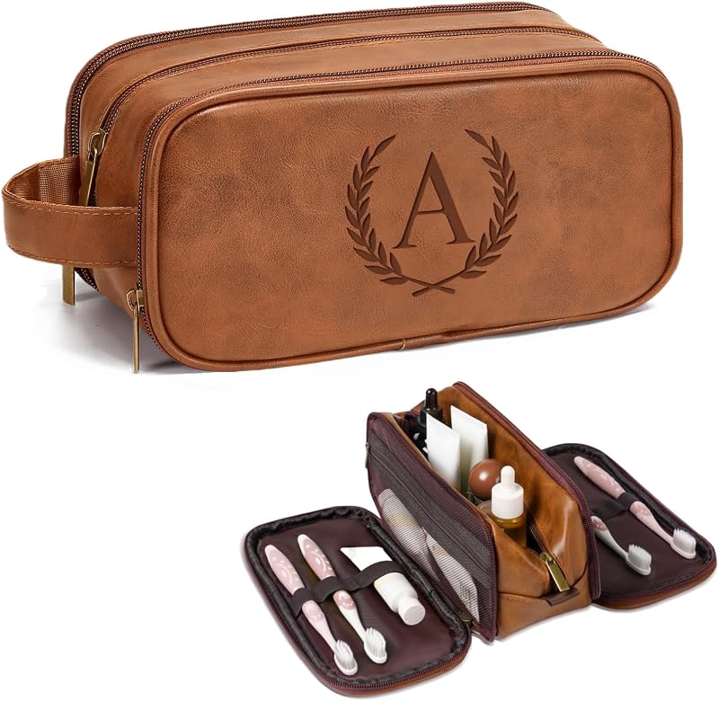 Necessaire de viagem Janhavi em couro PU com iniciais gravadas, Yellow Brown A