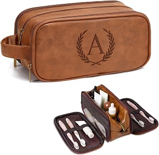 Travel Toiletry Bag For Mens PU Leather Engraved Initials (Yellow Brown A) | Personalized Gifts For Father Husband Groomsmen Birthday Waterproof Dopp Kit Bag Beach Travel Essentials Bathroom Organizer