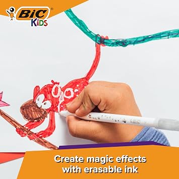 BIC Kids Magic Felt Pens - Washable Kids Colouring Pens - Erasable Ink with Two Erasers Included - 12 Pack
