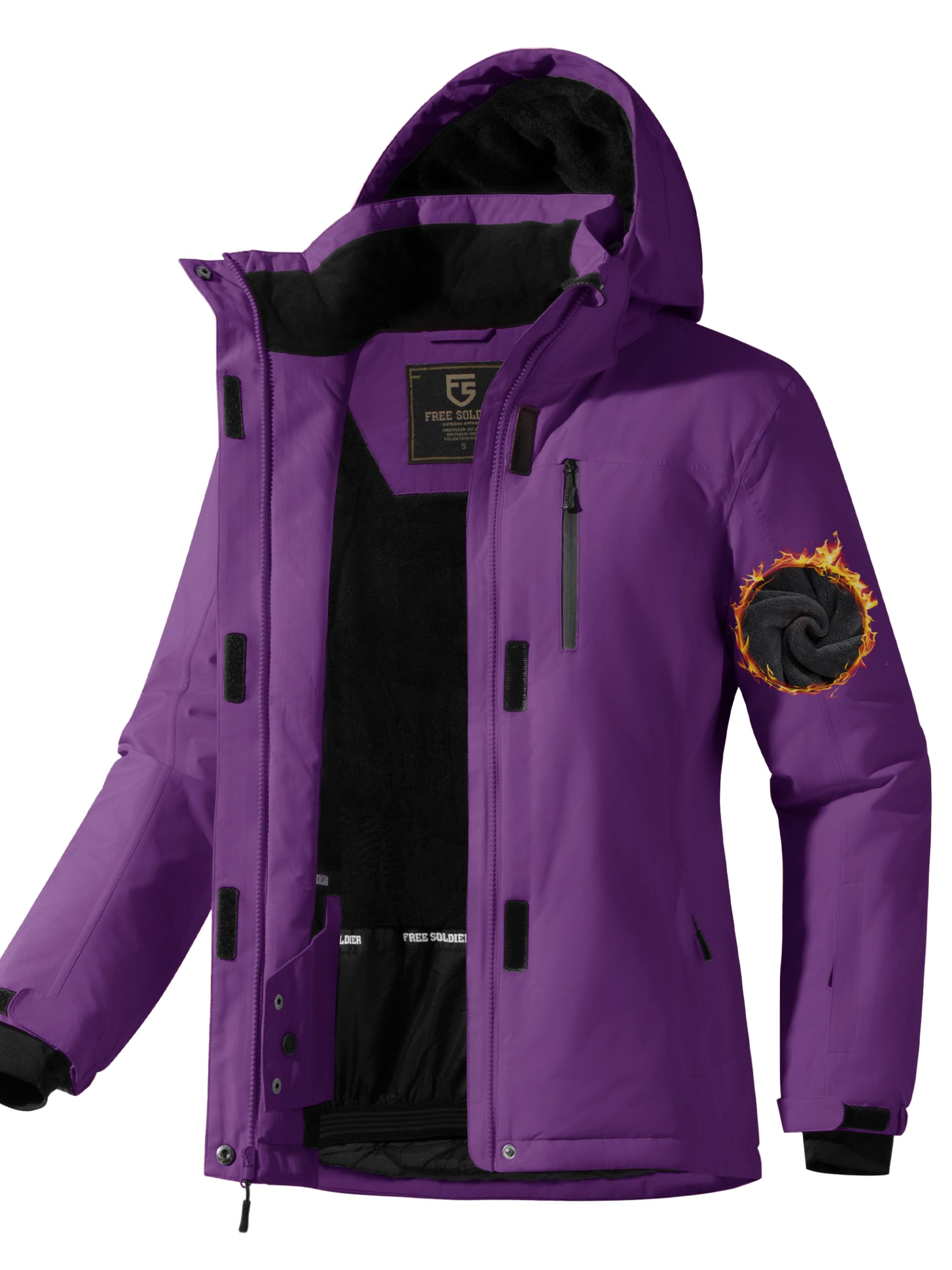 FREE SOLDIER Women's Waterproof Ski Snow Jacket Fleece Lined Warm Winter Rain Jacket with Hood Fully Taped Seams