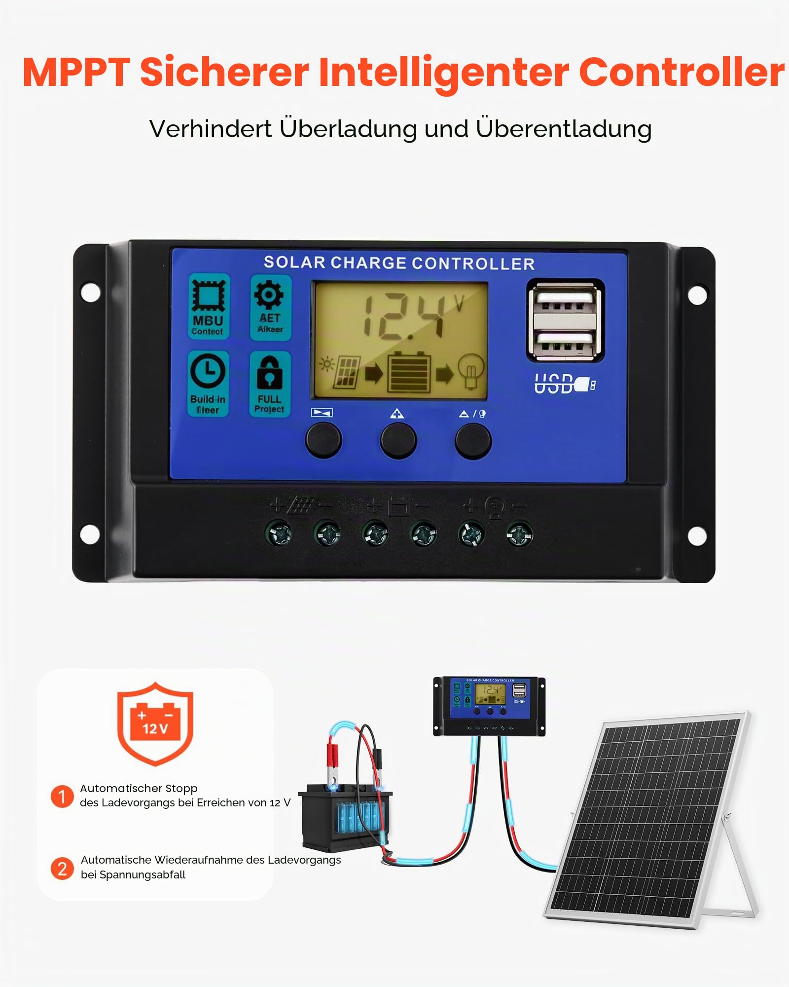 VEVOR 12V Monokristallines Solarpanel-Kit 25 W, Batterieladegerät mit MPPT-Controller, IP67 wasserdicht