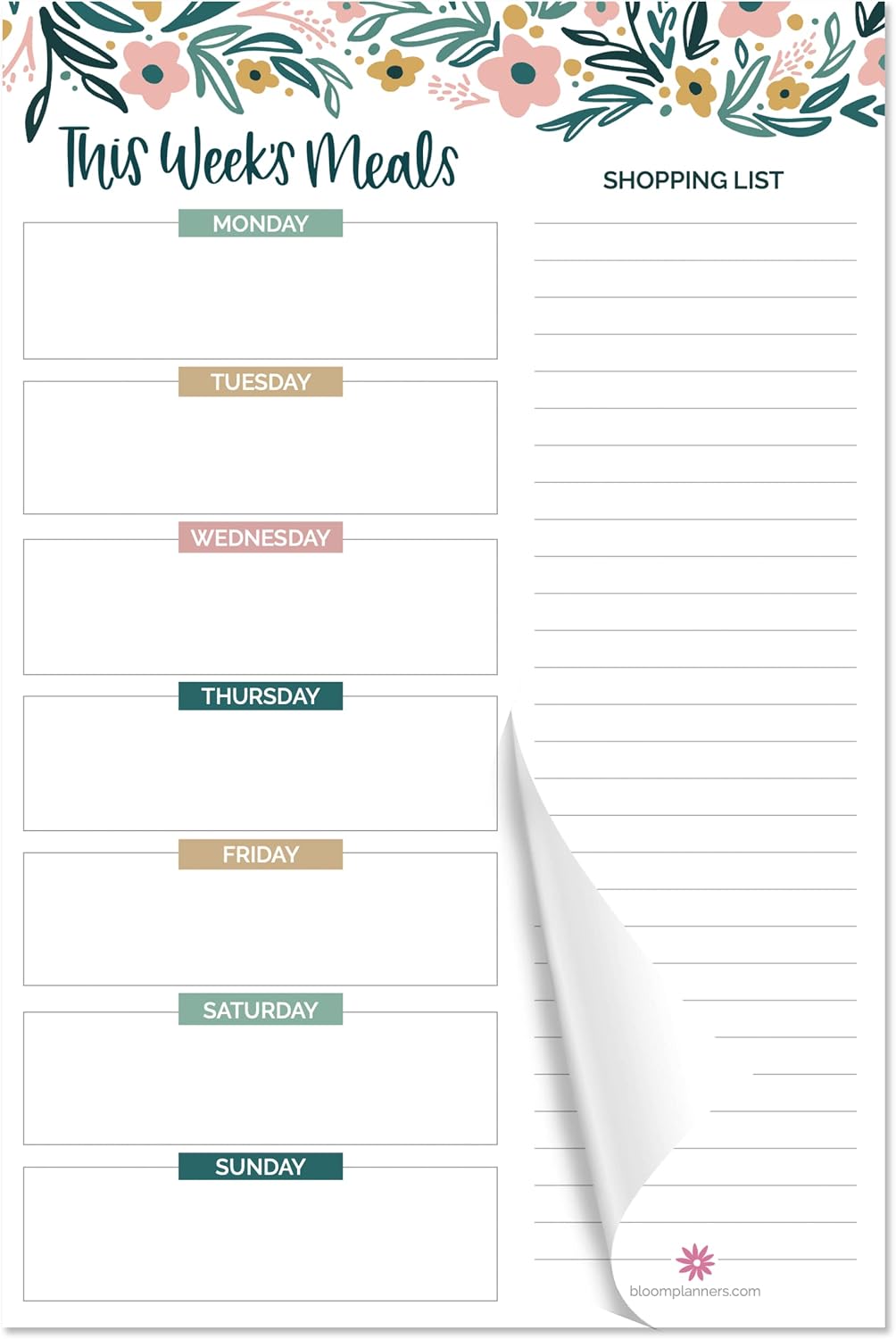 bloom daily planners Weekly Meal Planning Pad - Magnetic Hanging Refrigerator Menu Planner with Tear-Off Sheets & Perforated Grocery Shopping Lists - 6” x 9” (Garden Blooms)