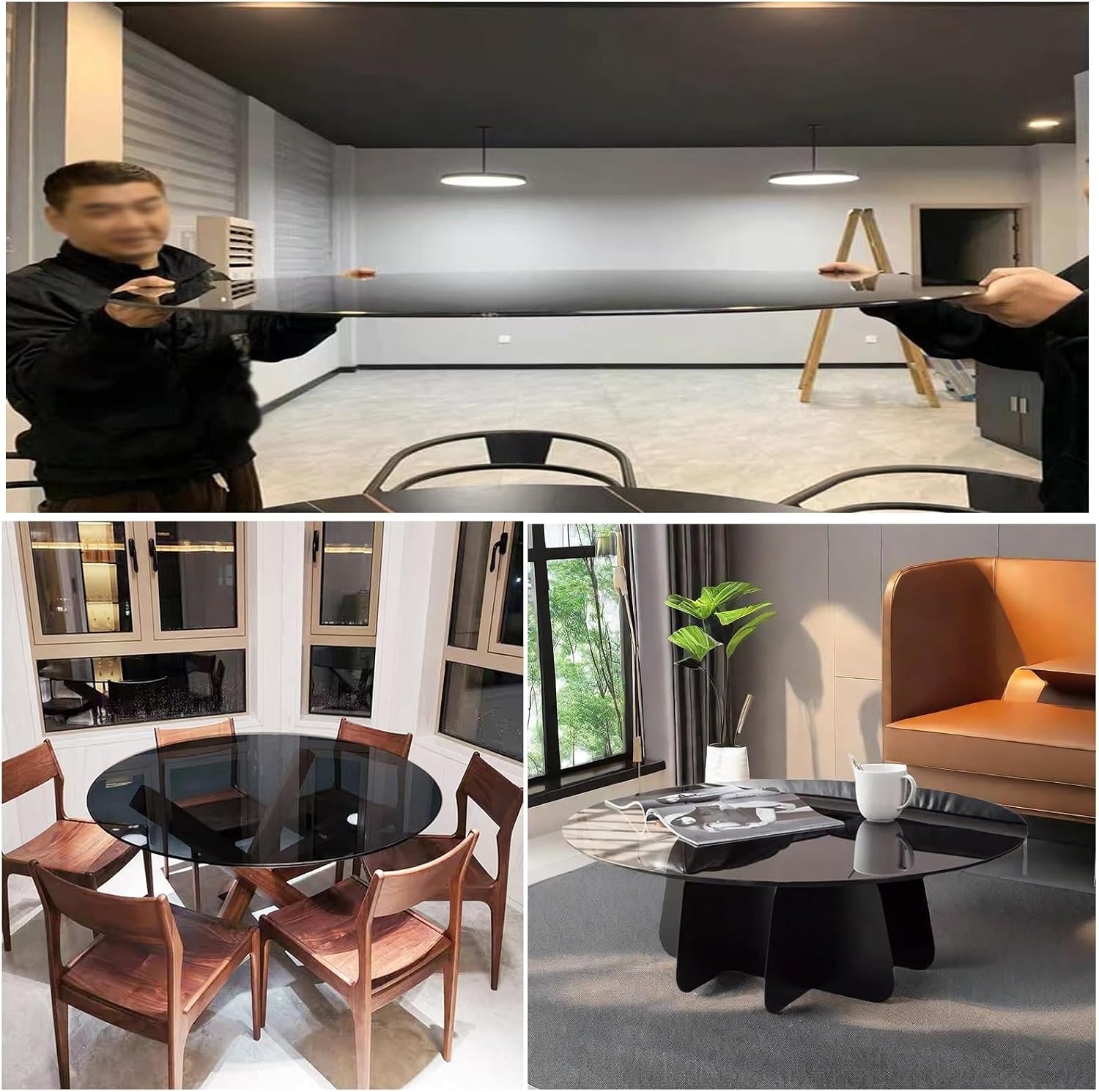Black Tempered Glass top 78cm/30.7in,Beveled Edge,Round Glass Table Top for Coffee Tables,Flat/Embedded Installation,for Home, Living Room(90CM(35IN))