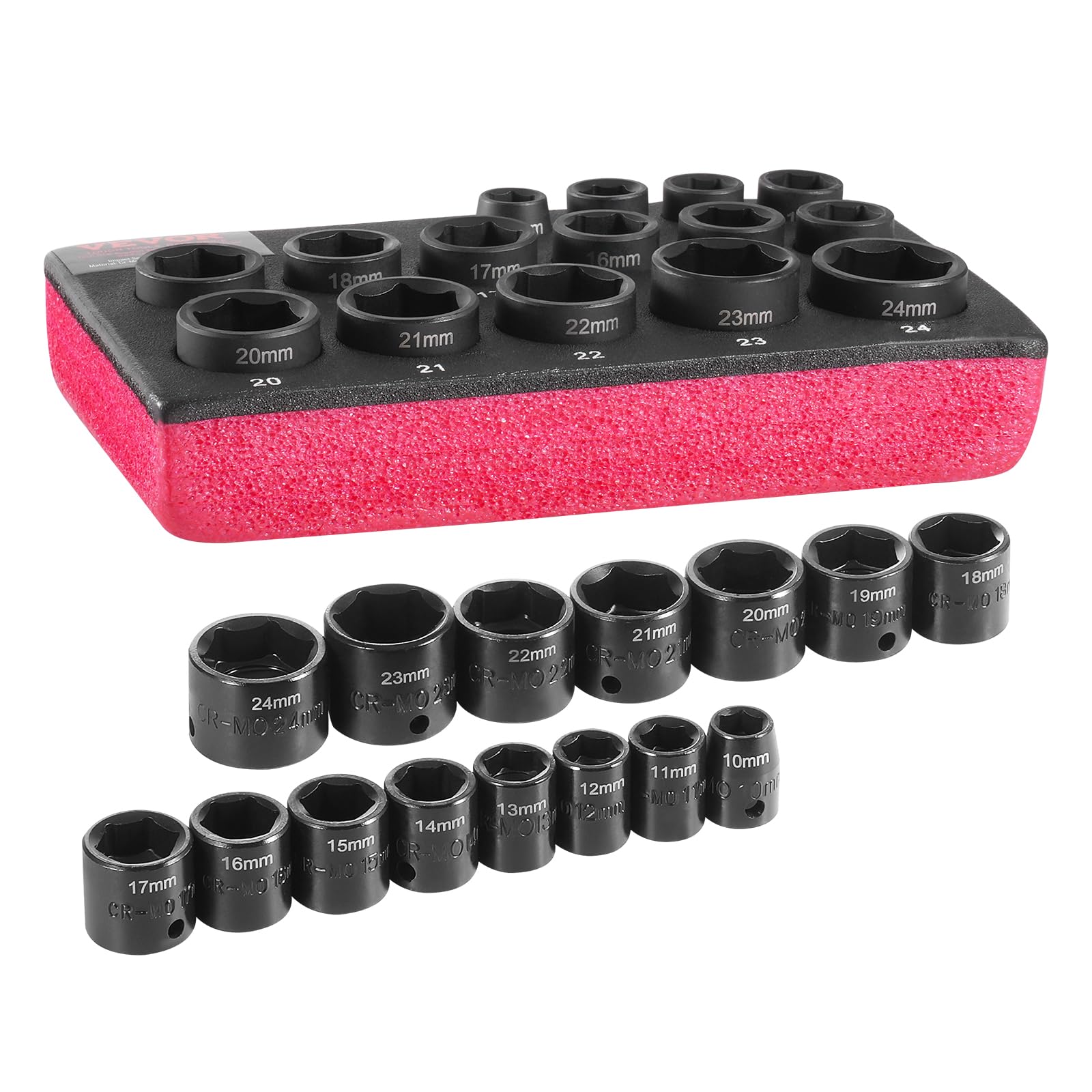 VEVOR 3/8" Drive Impact Socket Set, 15PCS Metric CR-Mo, 10-24mm, 6 Point, Easy-to-Read, Organizer, Black