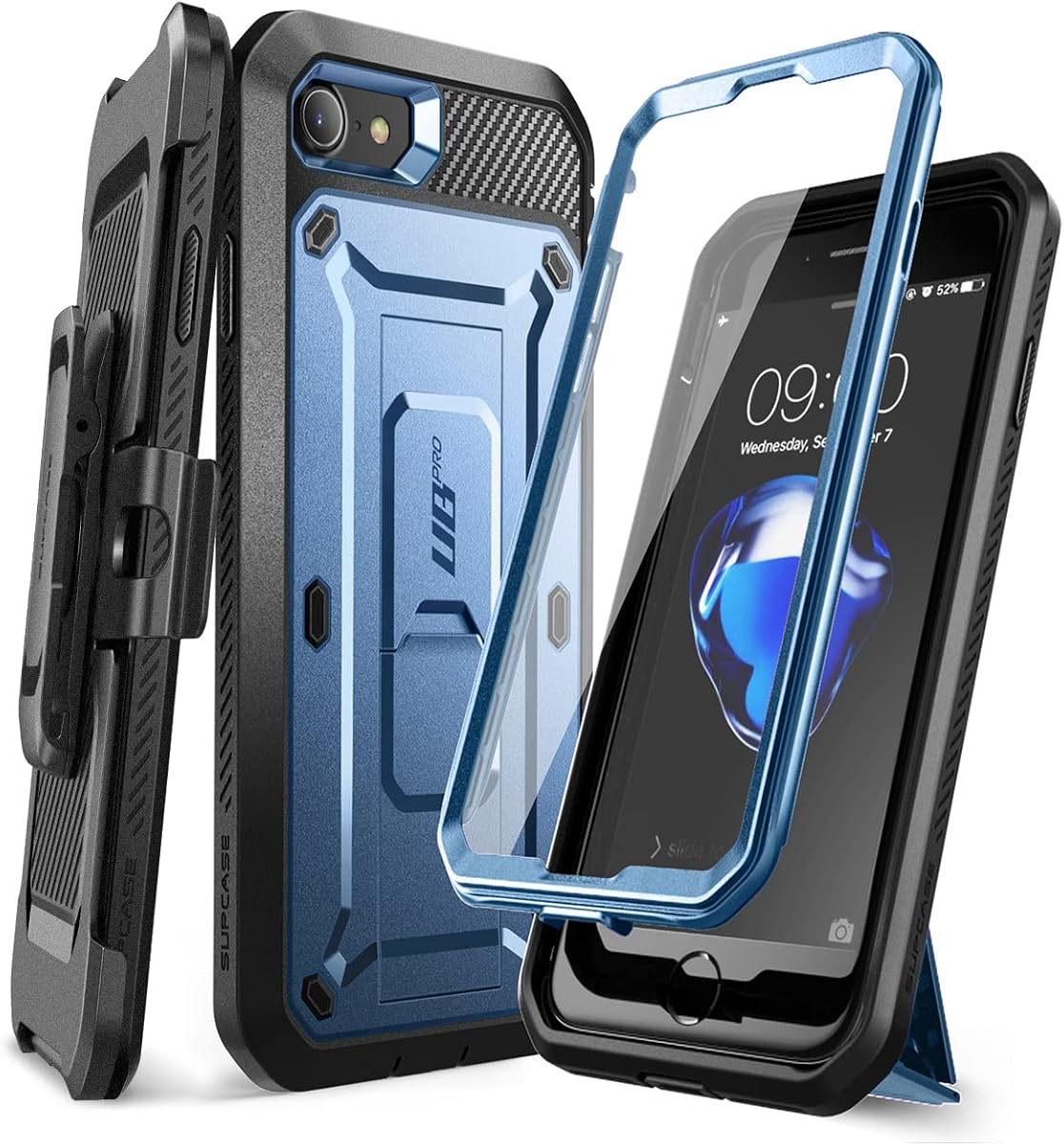 para iPhone SE 3rd / SE 2nd /7/8 con protector de pantalla, inclinación | Soporte integrado, clip para cinturón giratorio de 360°, funda resistente de cuerpo completo, protección de grado militar, Unicorn Beetle Pro
