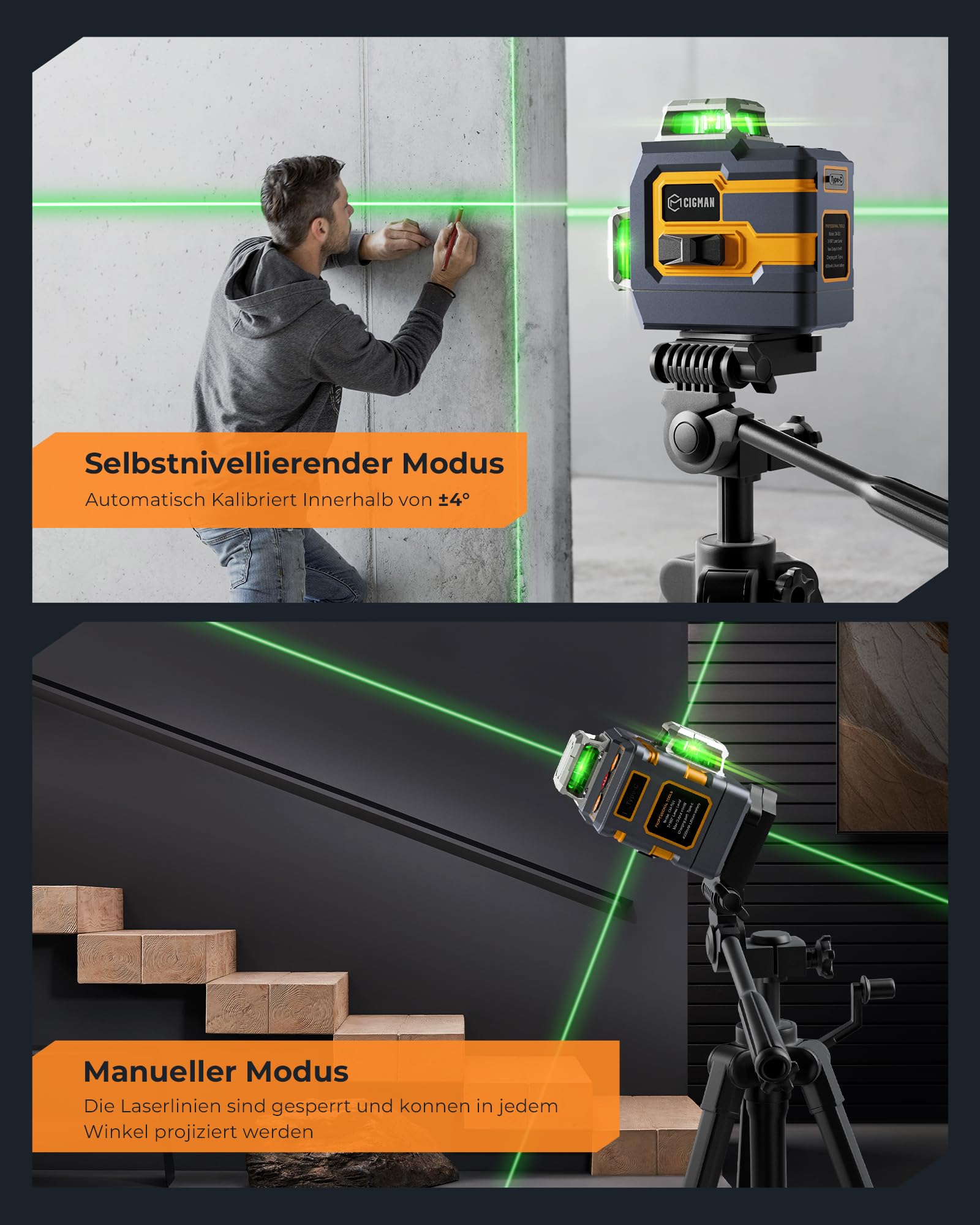 Kreuzlinienlaser, CIGMAN APP Intelligente Kontrolle 3x360 Grad Selbstnivellierend Laser Wasserwaage, mit Wiederaufladbarer Lithium-Batterie, Baulaser Kreuzlaser Grün für Innenbereich Bauste, (CM-S01)