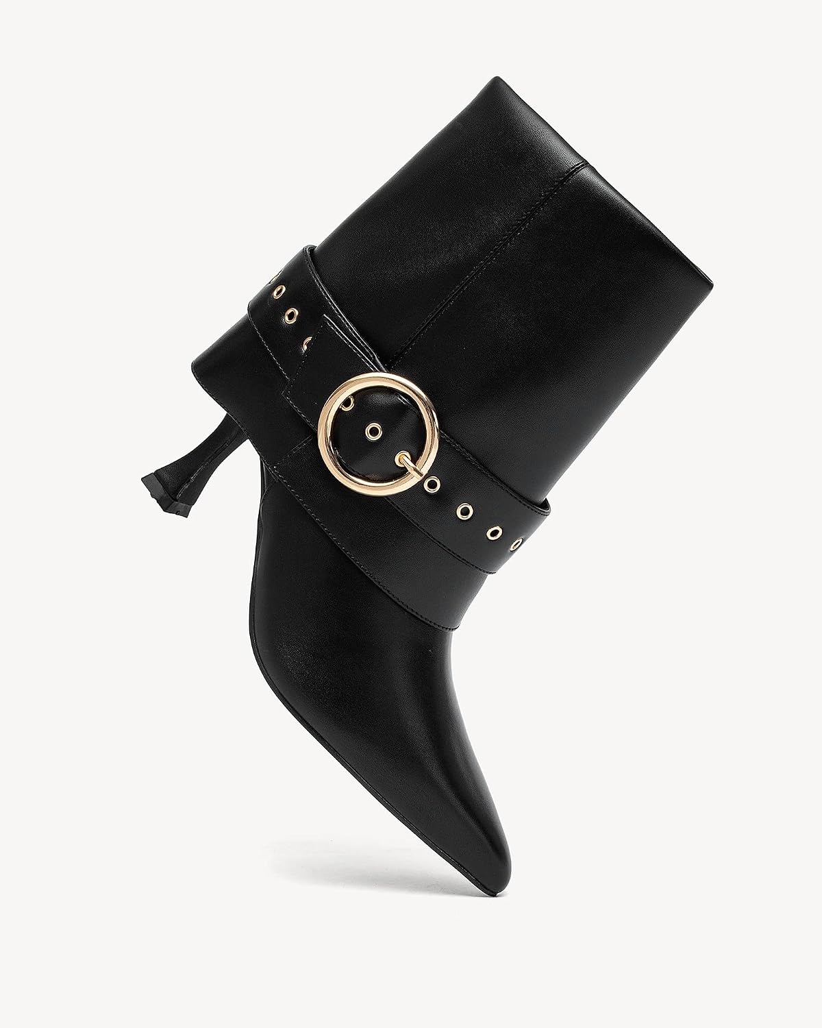 NEWBELLA Women's Pointed Toe Ankle Boots – High Heel Short Booties with Gold Buckle Strap, Slip-On Side Zipper Fashion Dress Boots for Fall Winter