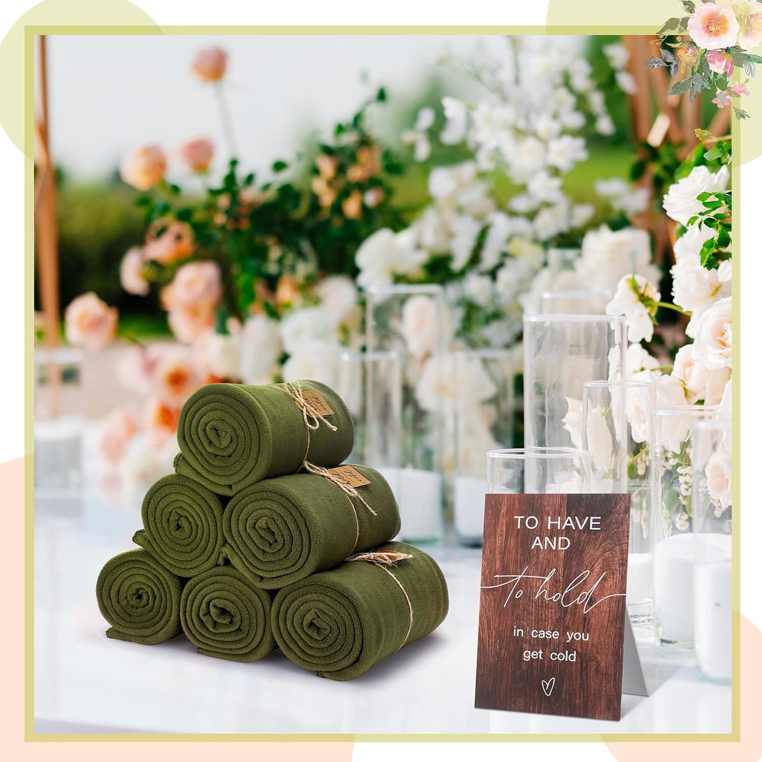 8 Pcs Soft Wedding Fleece Blanket Bulk 50 x 60 Inch Olive Green Soft Blanket with Tags Desktop Stand Hemp Rope for Guests Sleepover Spa Slumber Favors Gifts