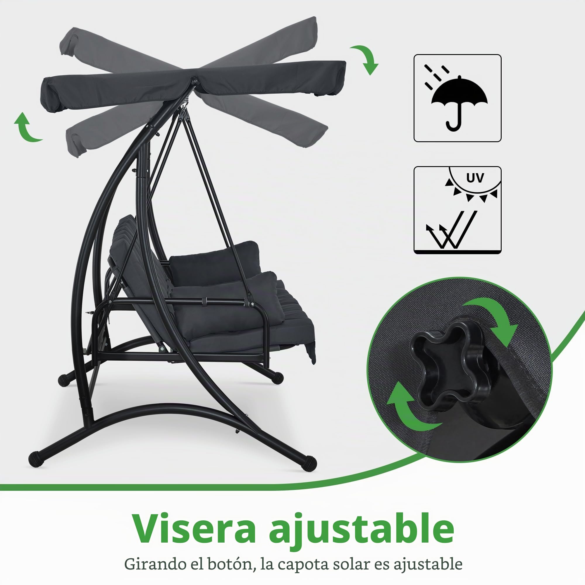 M MCombo columpio de jardín de 3 plazas con función de cama, con cojín extra grueso y toldo parasol, columpio de jardín con capacidad de carga hasta 300 kg, 201x125x173 cm, banco balancín para