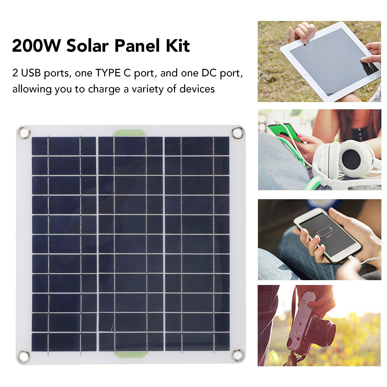 Zestaw paneli słonecznych 200 W, monokrystaliczna ładowarka do paneli słonecznych z niebieskim kontrolerem i wtyczką OBD, przenośny zewnętrzny panel słoneczny na kemping, podróż, do kampera, z portami
