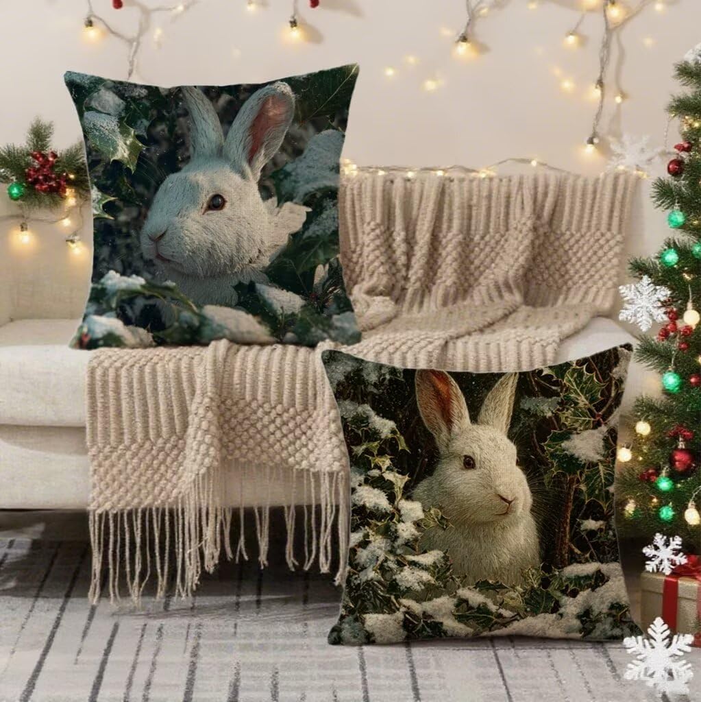 Federa Cuscino 80x80 Inverno Cuscini Divano Coniglio Cuscini da Esterno Impermeabili Linoi Set di 2 Decorativi Cushion Covers per Giardino Soggiorno Sofá Balcone Patio, Regalo per Donne 1B-180