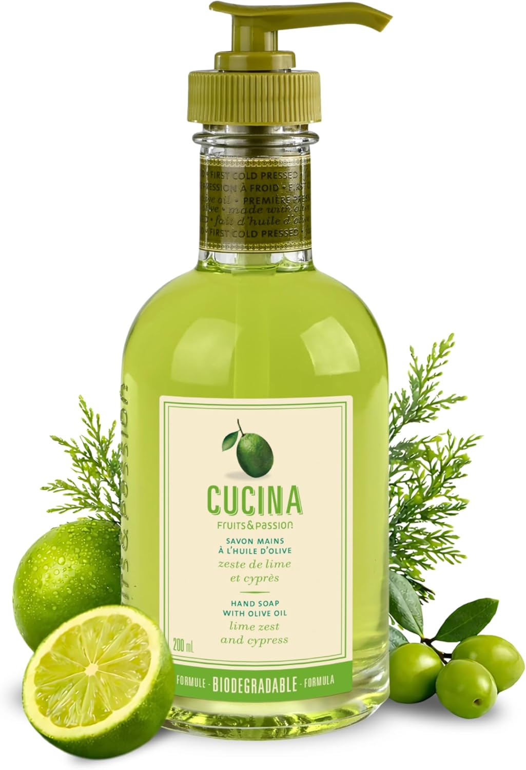Cucina Hand Soap with Olive Oil, Lime Zest and Cypress, Biodegradable Formula, Refillable Glass Bottle, 6.7 oz (200 ml), Fruits and Passion
