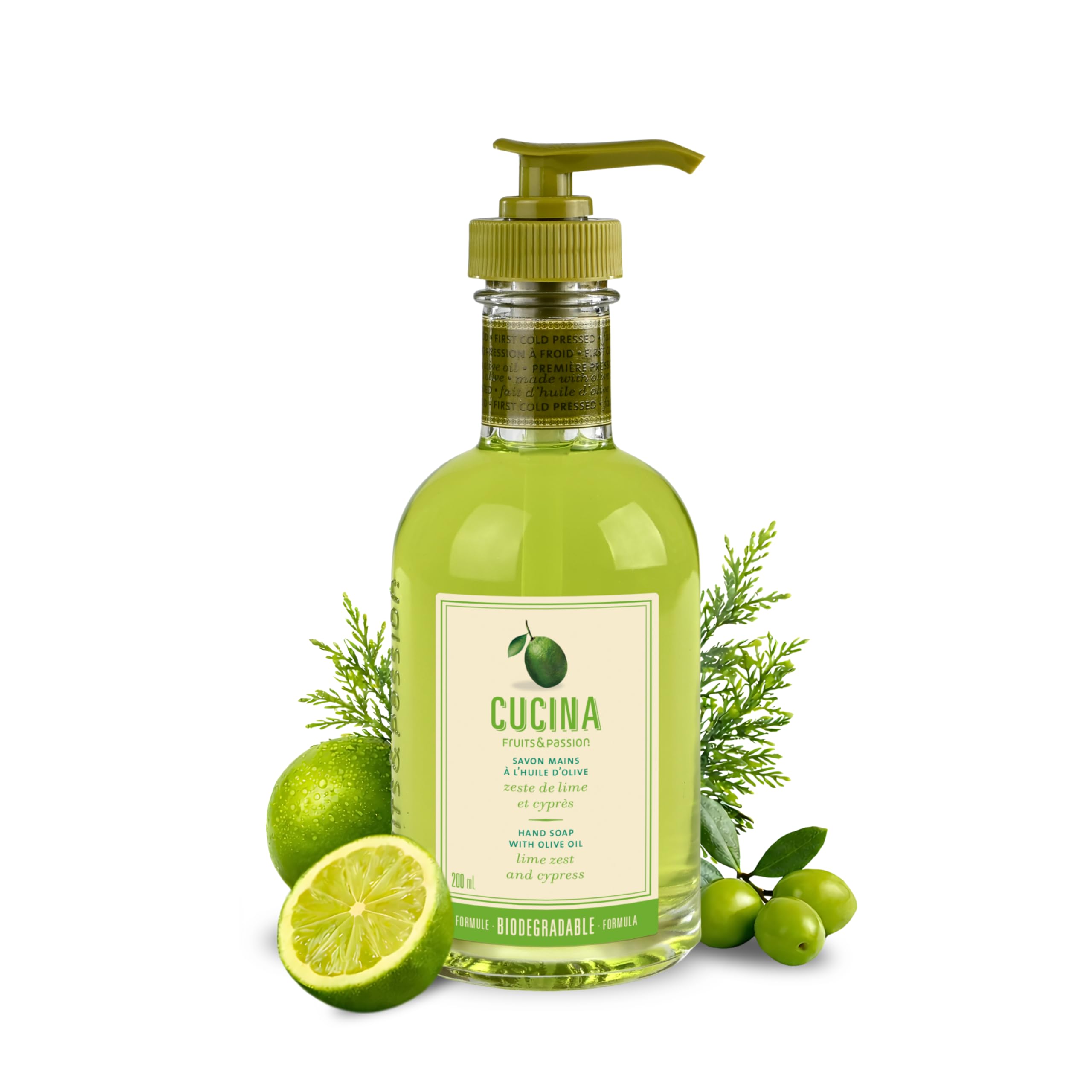 Cucina Hand Soap with Olive Oil, Lime Zest and Cypress, Biodegradable Formula, Refillable Glass Bottle, 6.7 oz (200 ml), Fruits and Passion