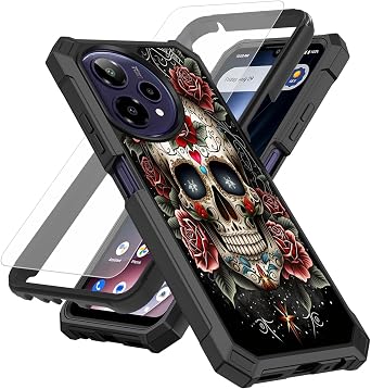 for Cricket Icon Plus 2026 Phone Case with Screen Protector Tempered Glass,Slim TPU Rugged Corners Bumper Cover for Men Women-Sugar Kull with Roses Gothic Art