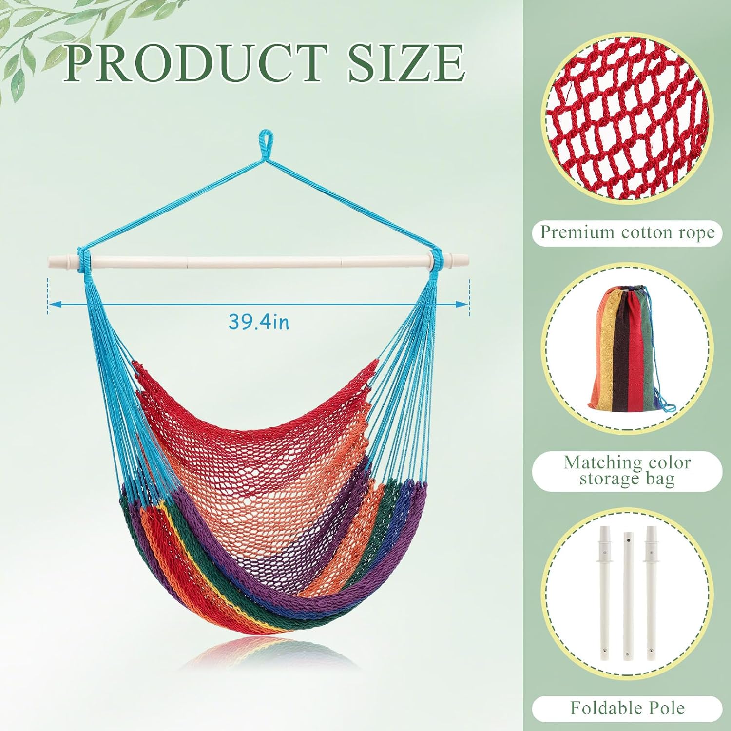 Barydat 2 Pcs Hanging Hammock Chair Boho Swing Chair Outdoor Indoor Comfy Soft Cotton Rope Weaving with 40 Inch Detachable Metal Bars for Backyard Living Room Garden, 270lb Capacity(Rainbow Color)